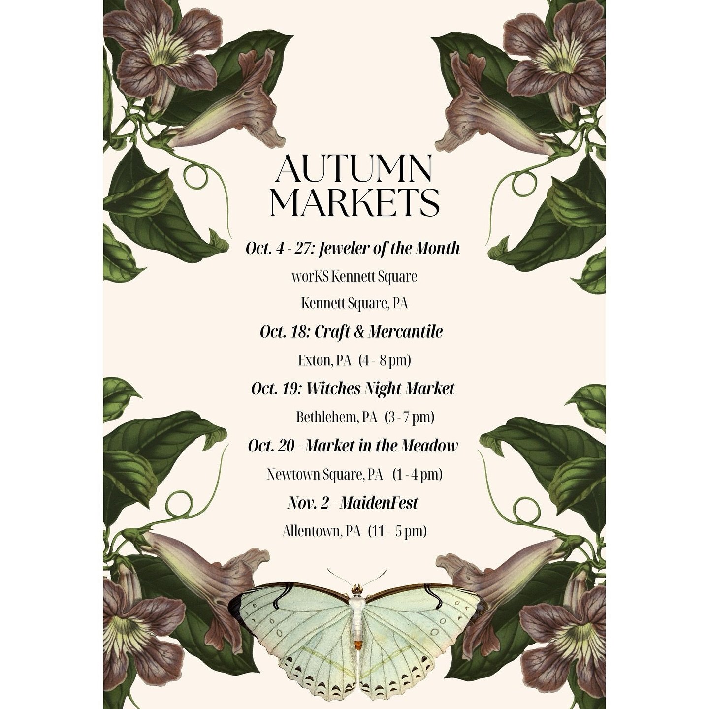 My fall market lineup is live!

I'm looking forward to returning to a few familiar events this season: @craftandmercantile - Eagleview and Market in the Meadow at the beautiful Rushton Conservation Center! The Witches Night Market and the first annua