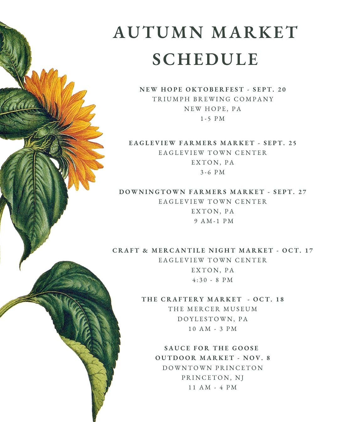 My autumn market schedule is live! 

As a summer baby, admittedly I'm bummed to say good bye to long sunny days but I do welcome the coziness of fall. Autumn is my favorite market season and I am so excited about this line up. 

I'm looking forward t