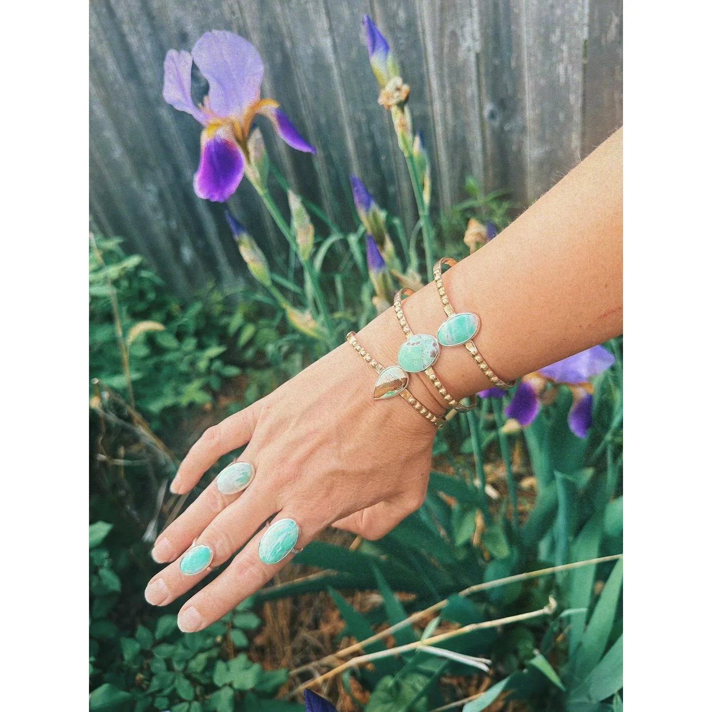 Variscite, regarded as the "Stone of Encouragement", is featured is this mini collection of recycled bronze dotted cuffs and and sterling silver rings. I've been hoarding these gorgeous variscite specimens but thought they would make the pe