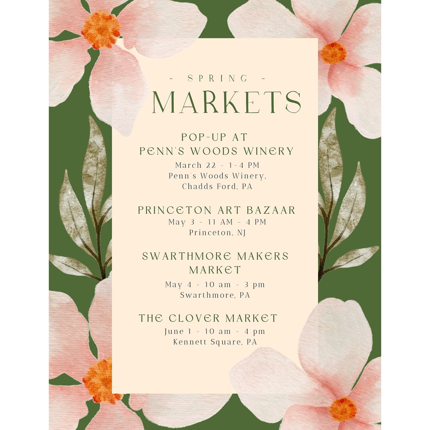 As the days lengthen, the temperature warms up and crocus flowers begin to make their appearance after a long cold winter, I've got spring markets on my mind. As of now, this is my line up from March through early June.

I'm excited to kick off the s