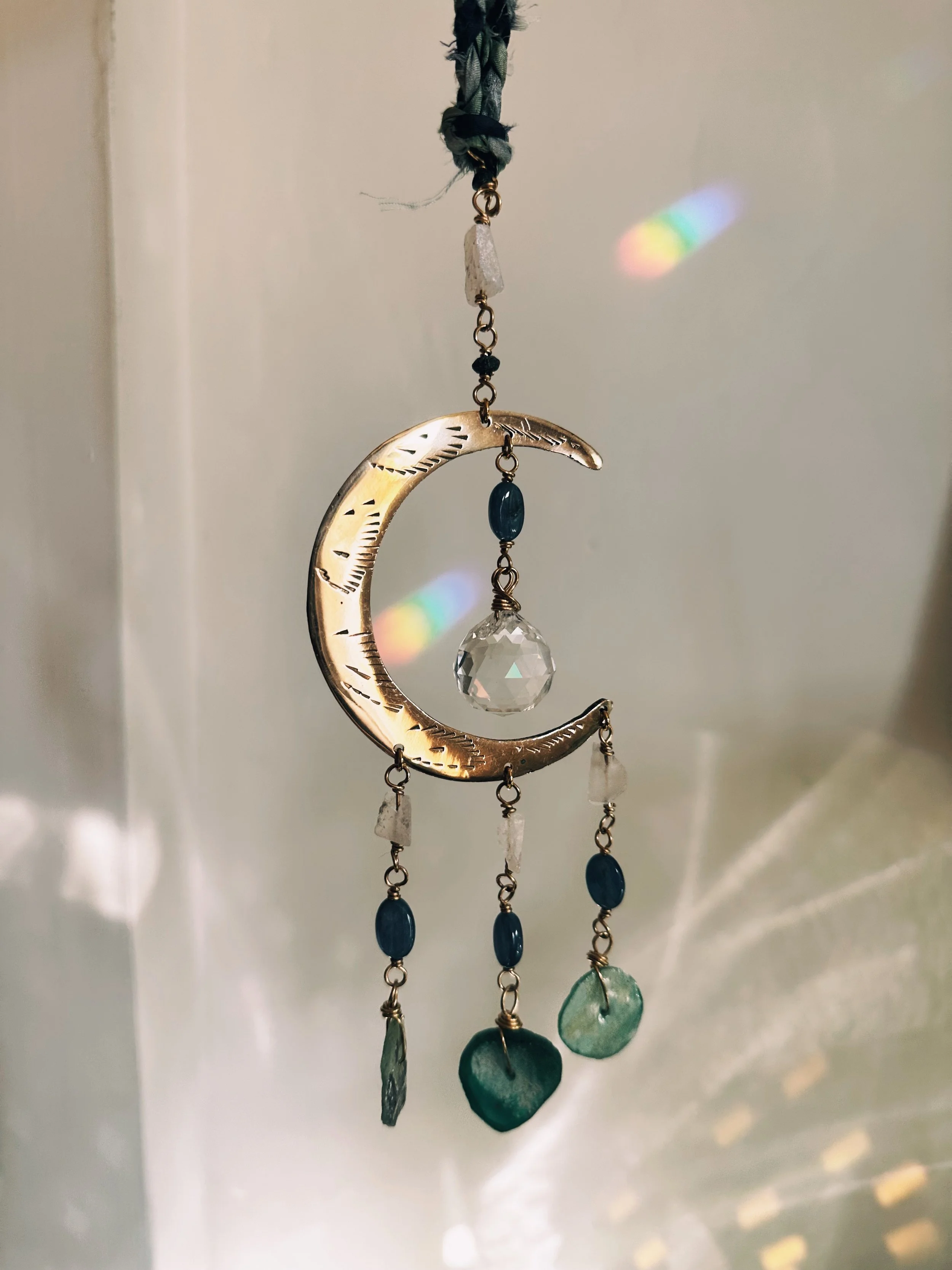 Crescent Moon Suncatcher with Moonstone, Kyanite and Roman Glass