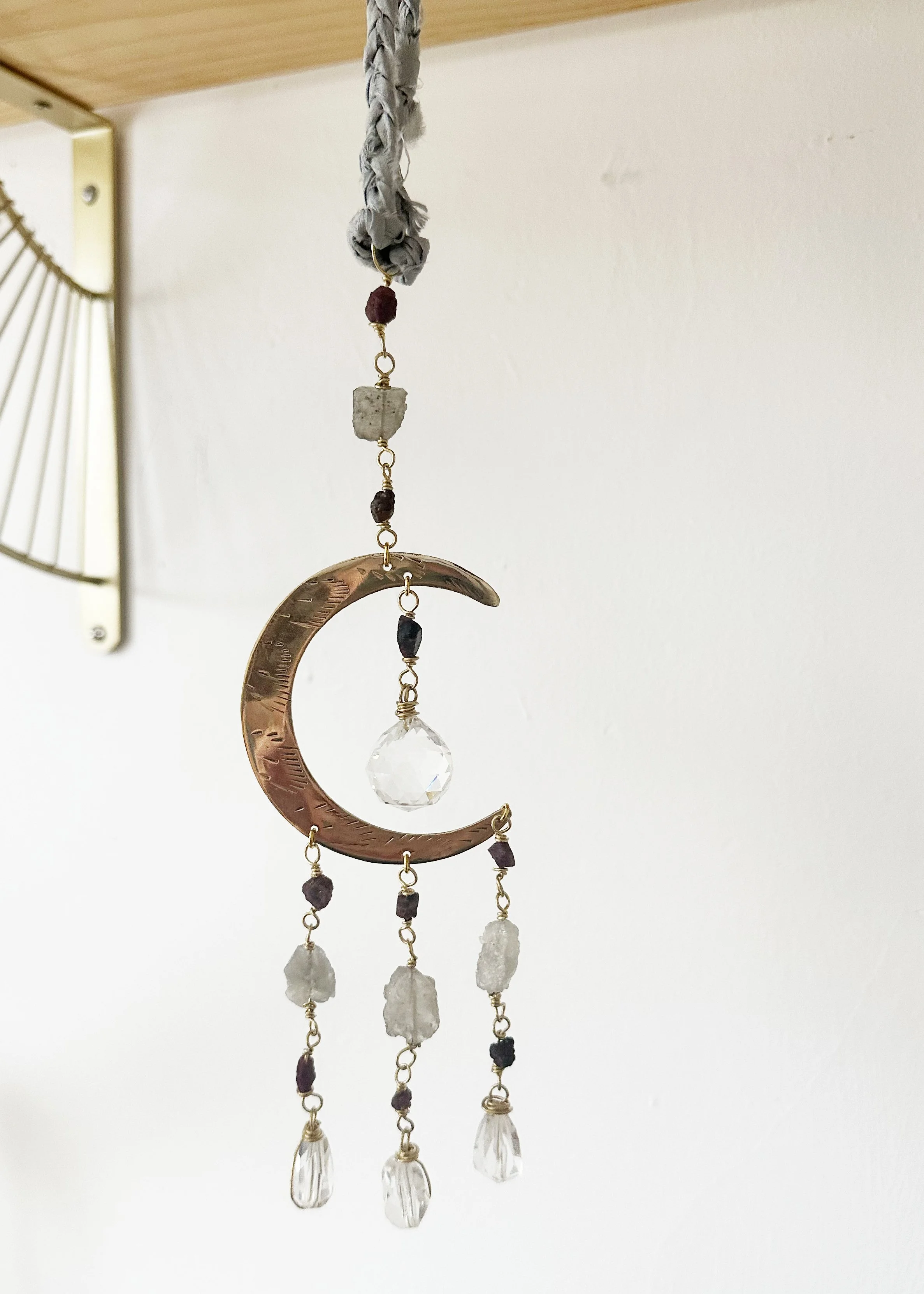 Crescent Moon Suncatcher with Labradorite, Raw Ruby, Quartz and Roman Glass