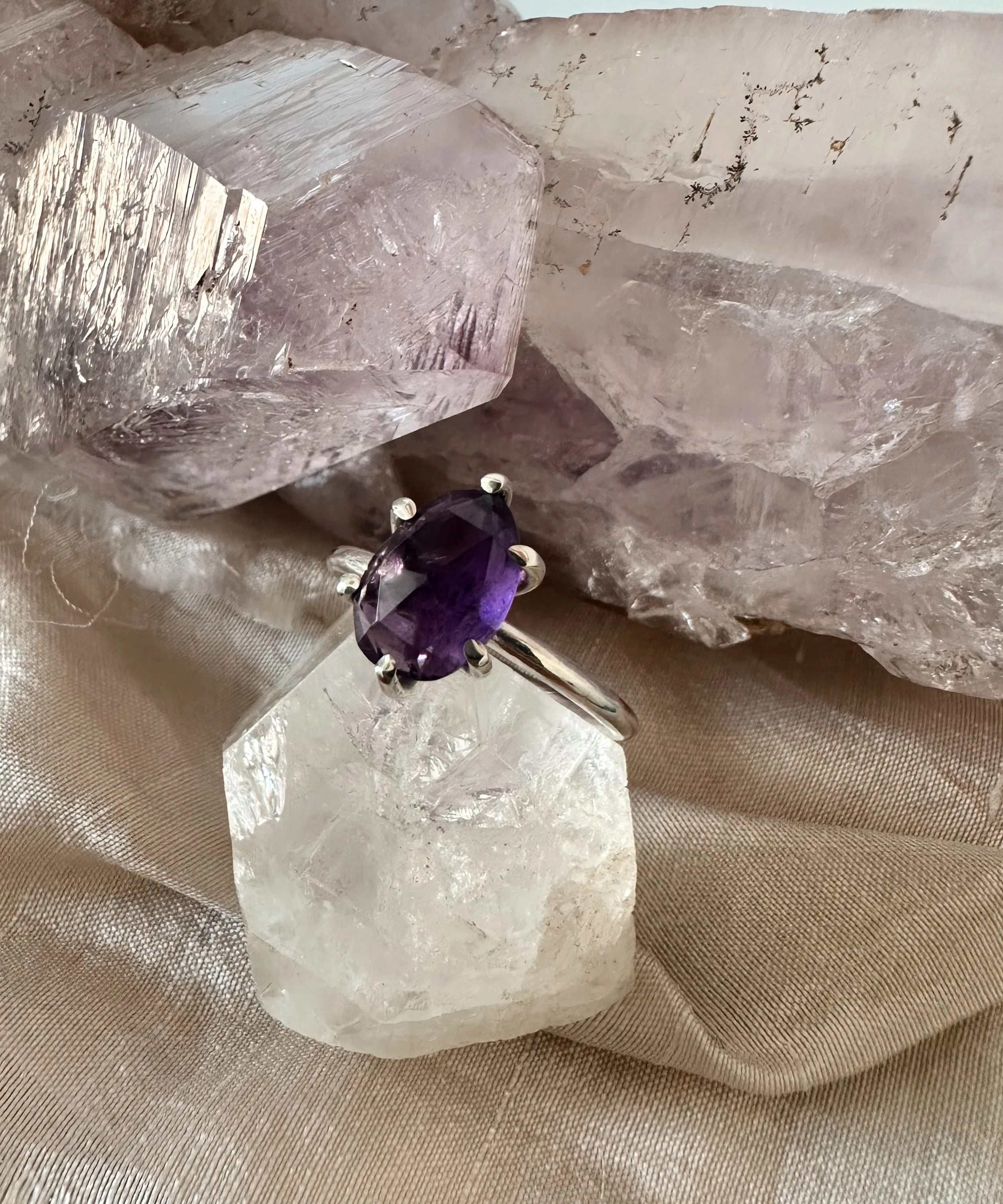 Claw set Amethyst and Sterling Silver Ring, size 5.25