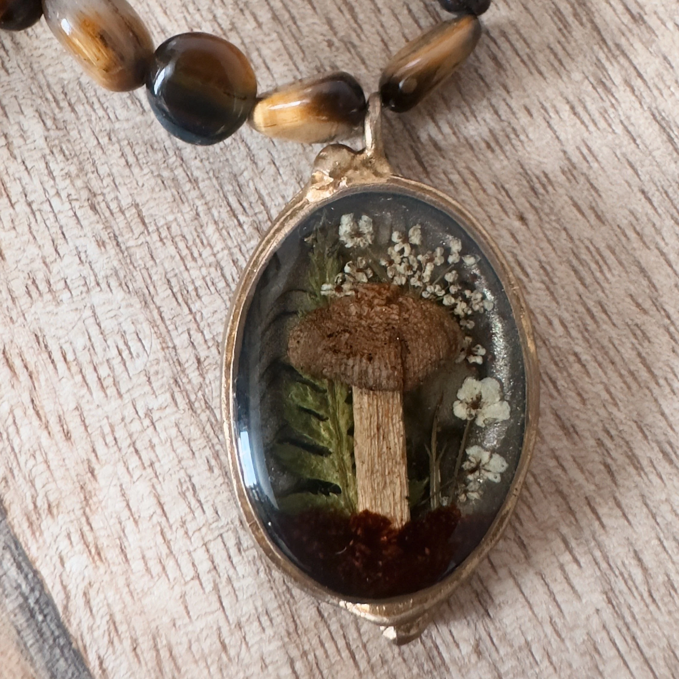 Foraged Mushroom Pendant with Tiger's Eye