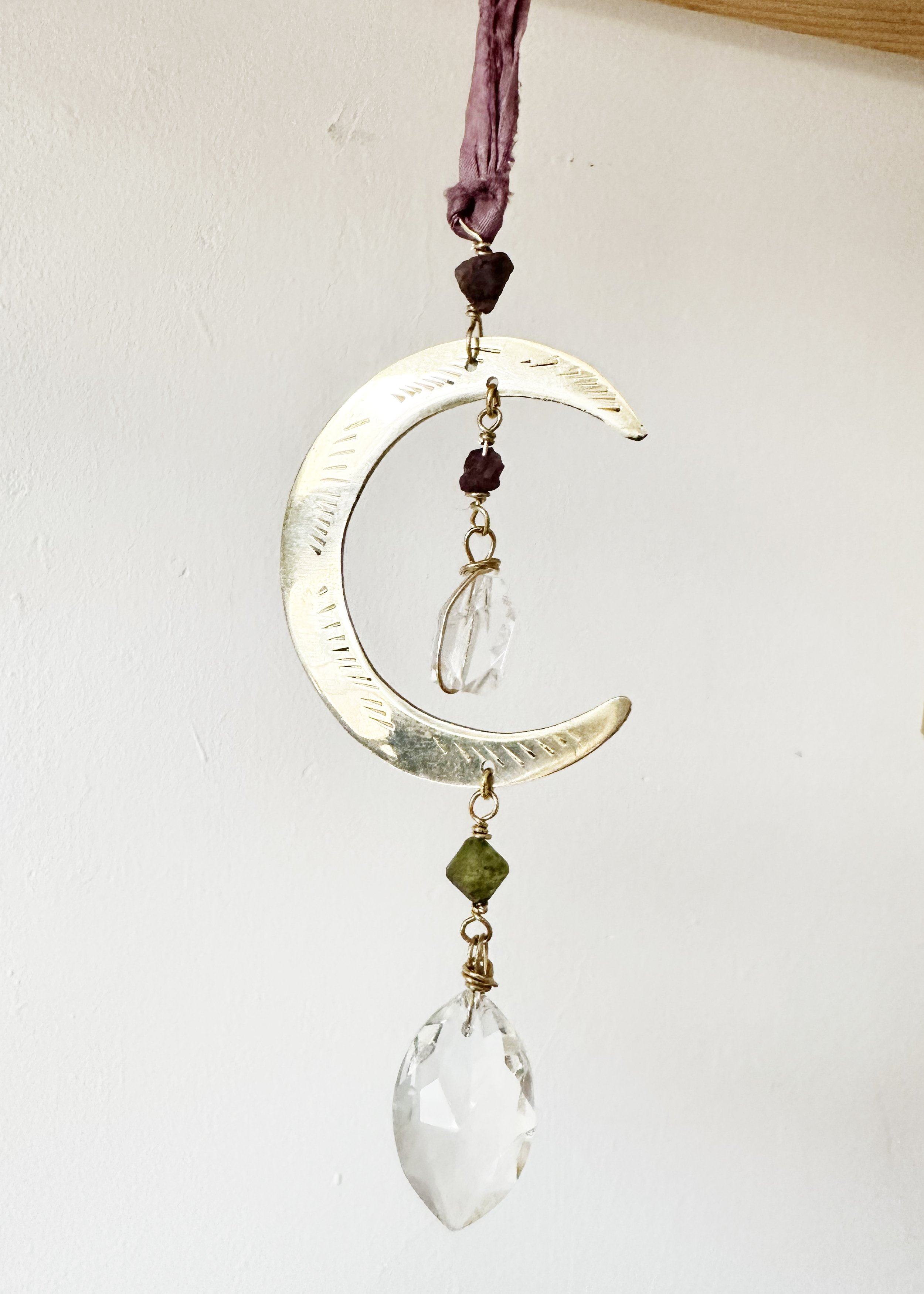 Crescent Moon Suncatcher with Roman Glass, Ruby and Quartz