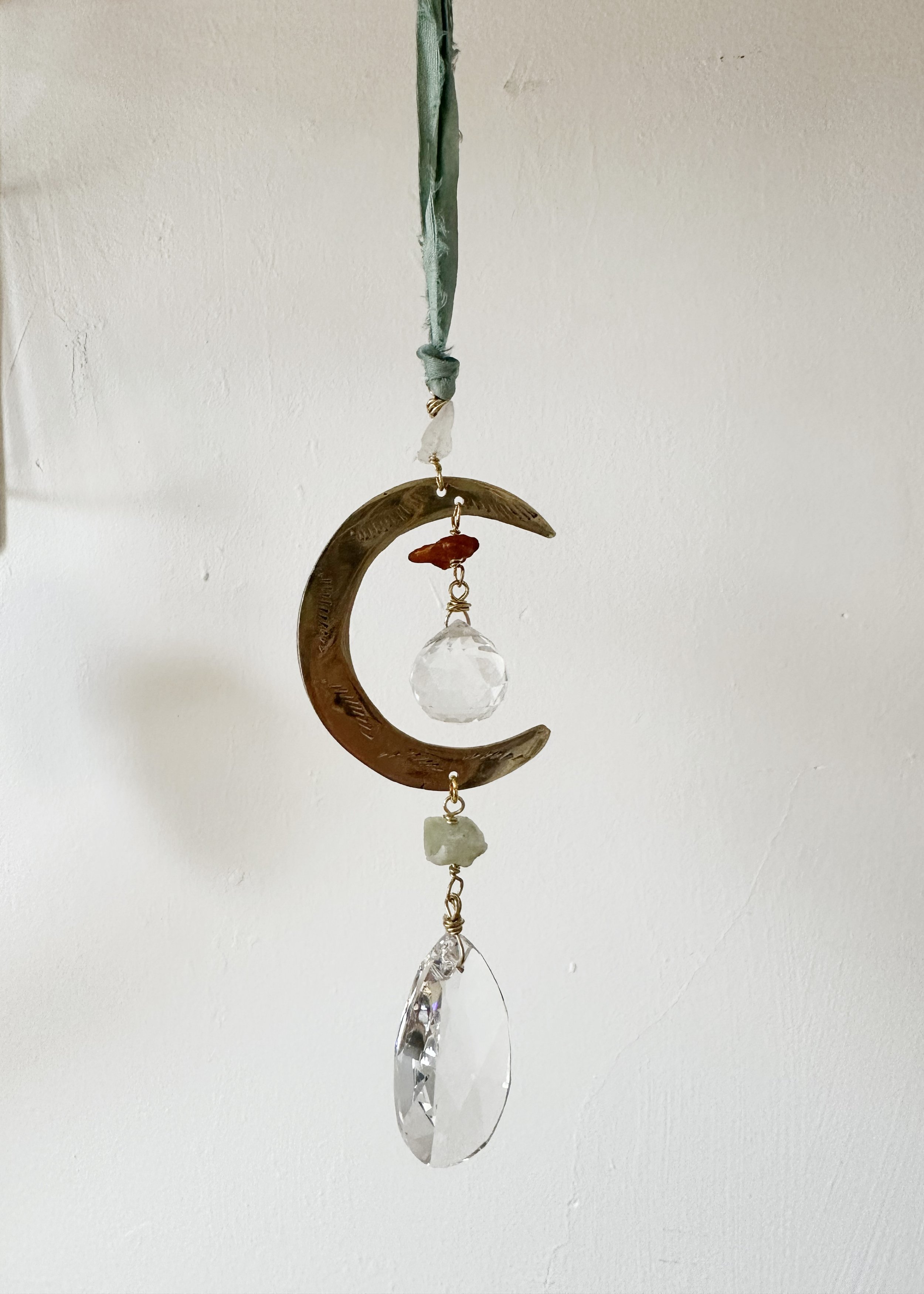 Crescent Moon Suncatcher with Prehnite, Amber and Moonstone