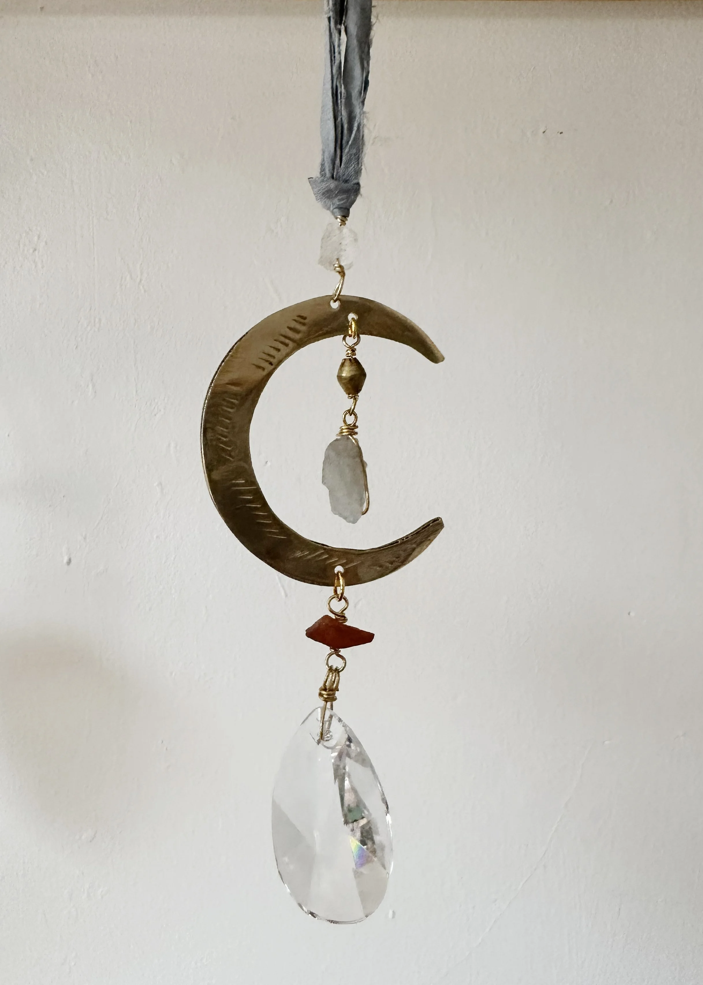 Crescent Moon Suncatcher with Labradorite, Moonstone and Amber