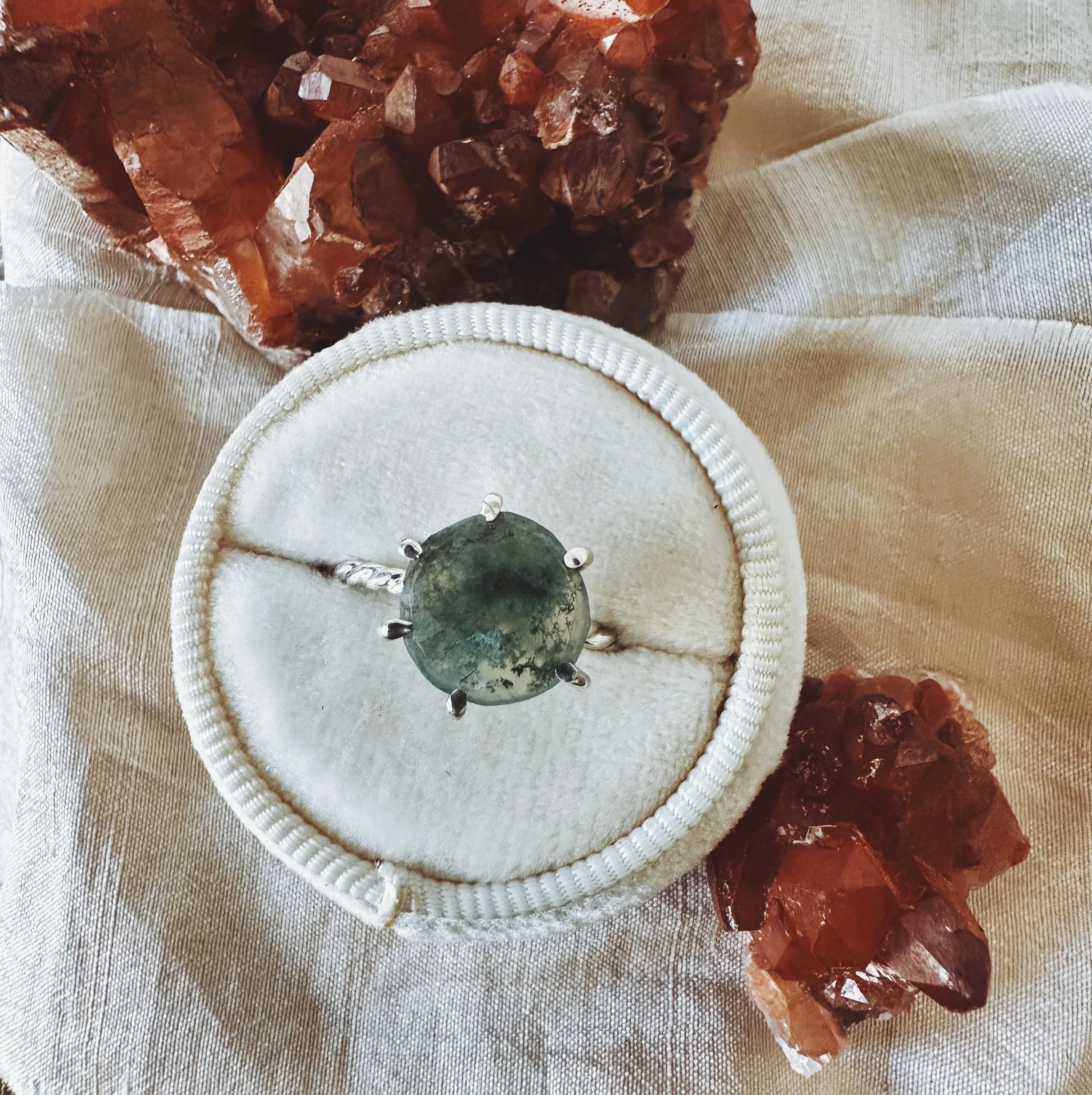 Claw set Moss Agate and Sterling Silver Ring, size 8