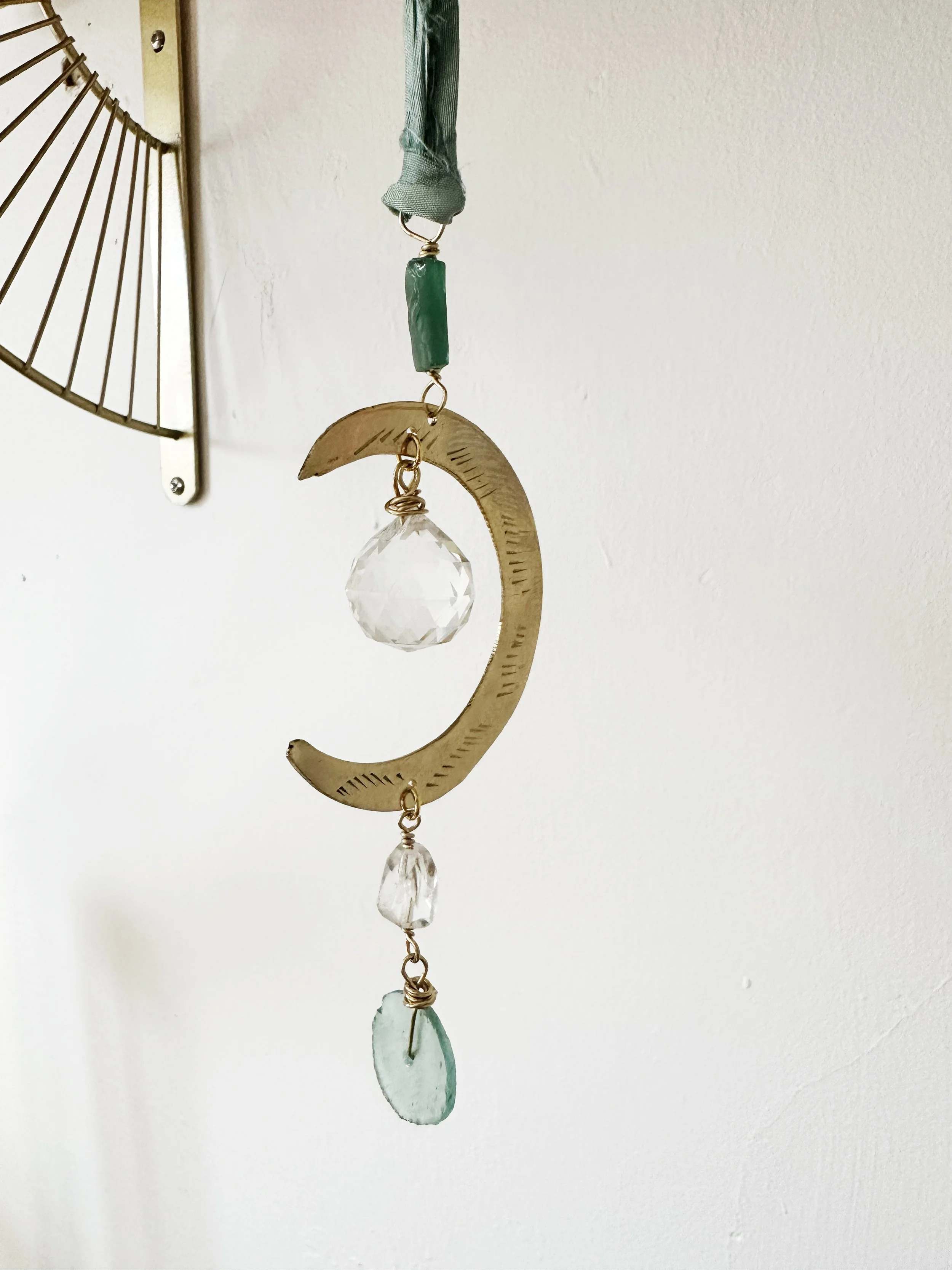 Crescent Moon Suncatcher with Roman Glass and Quartz