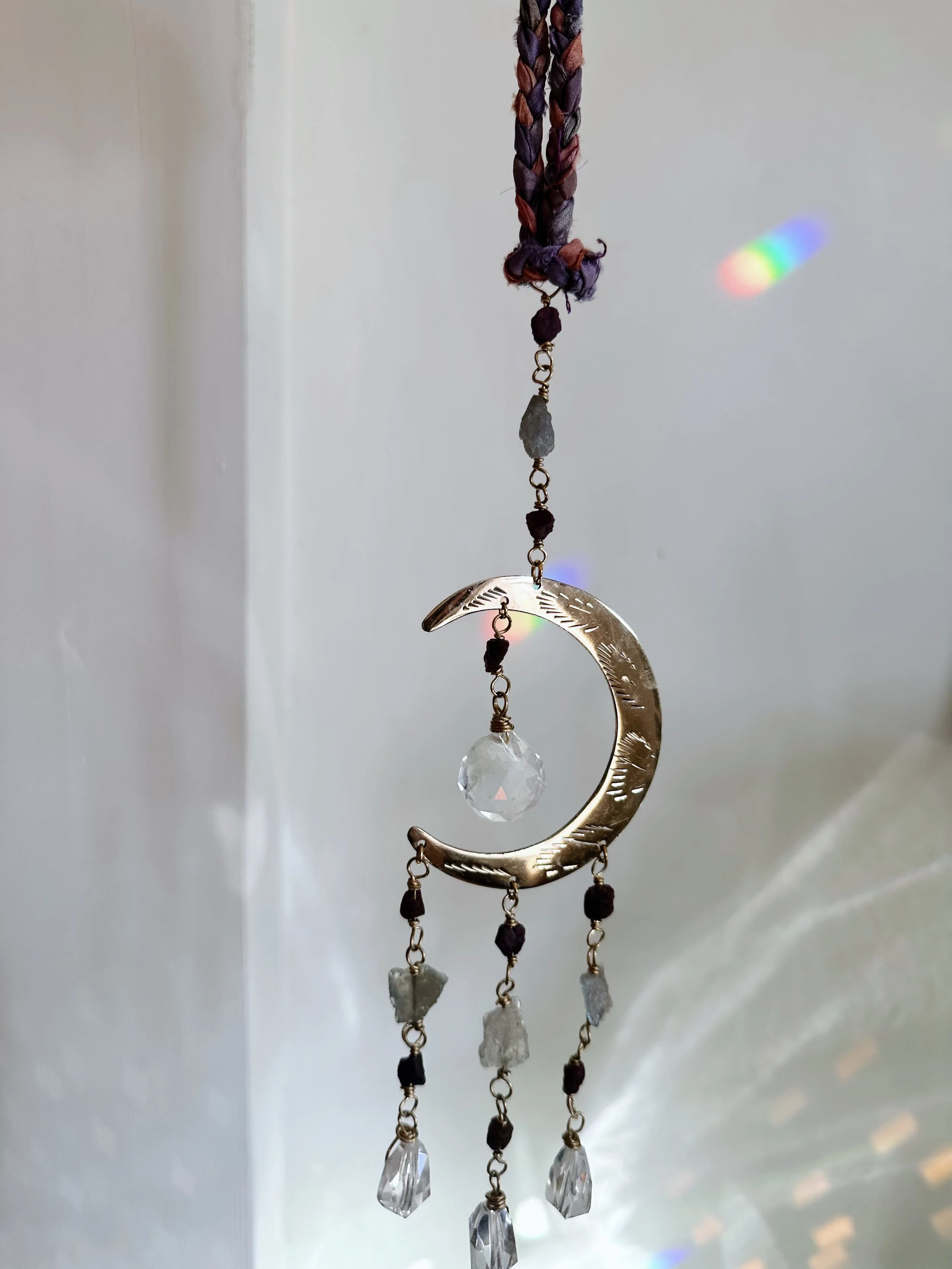 Crescent Moon Suncatcher with Labradorite, Raw Ruby, Quartz and Roman Glass