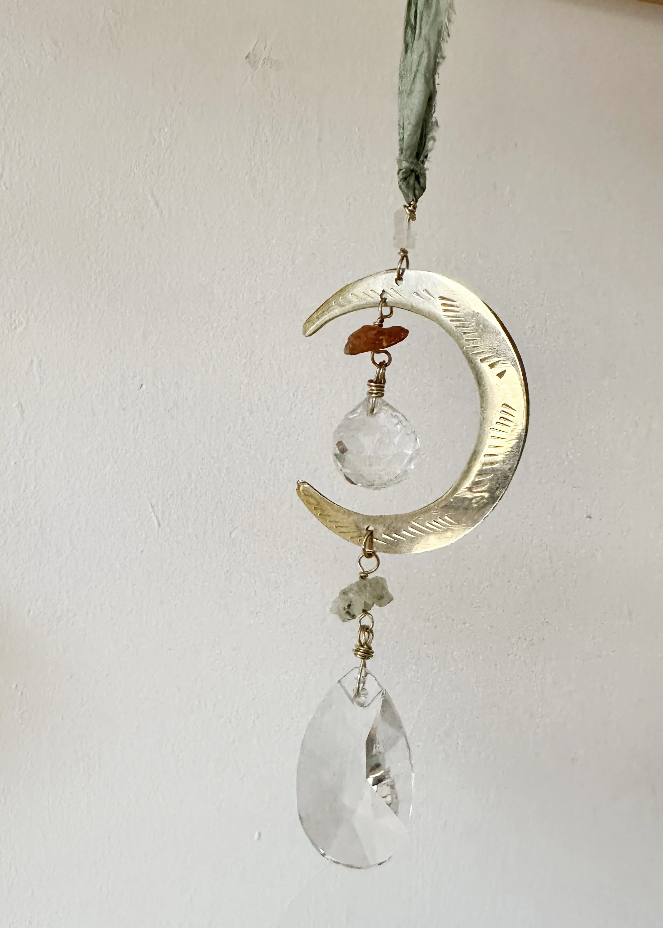 Crescent Moon Suncatcher with Prehnite, Amber and Moonstone