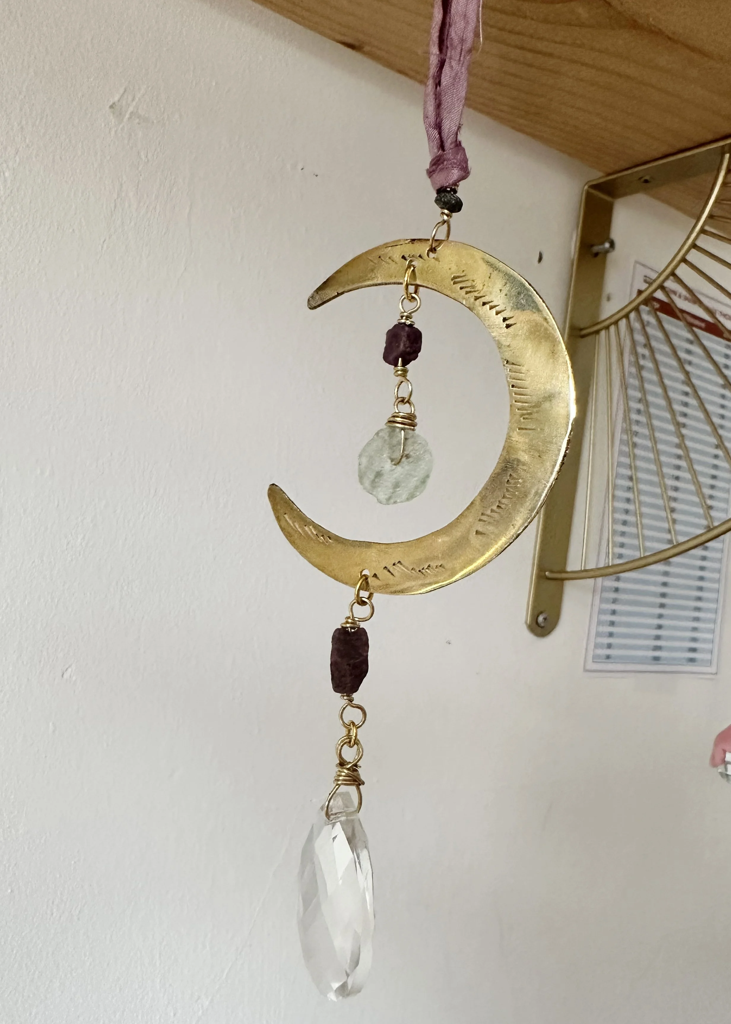Crescent Moon Suncatcher with Roman Glass, Ruby and Quartz