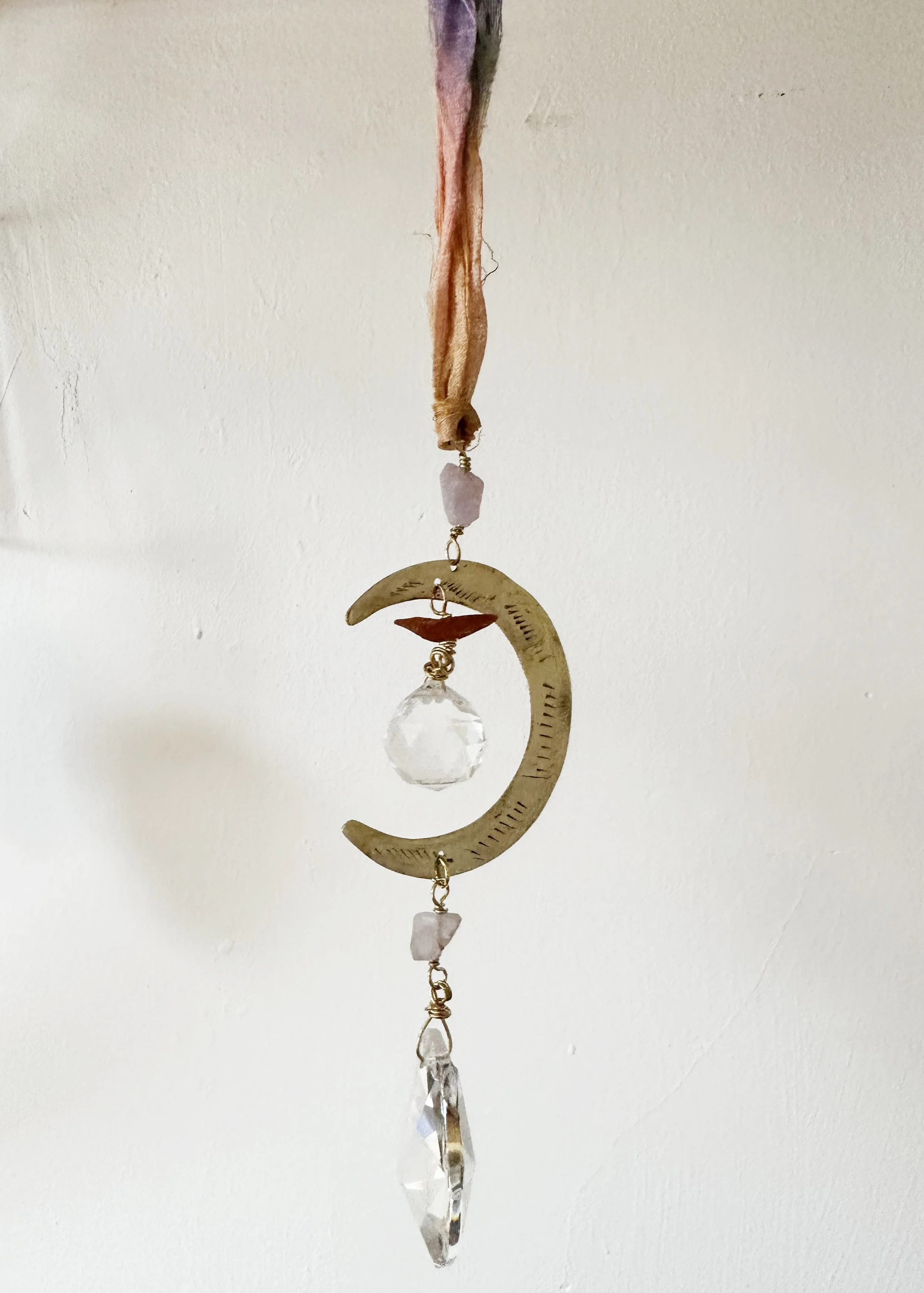 Crescent Moon Suncatcher with Amethytst, Amber and Moonstone