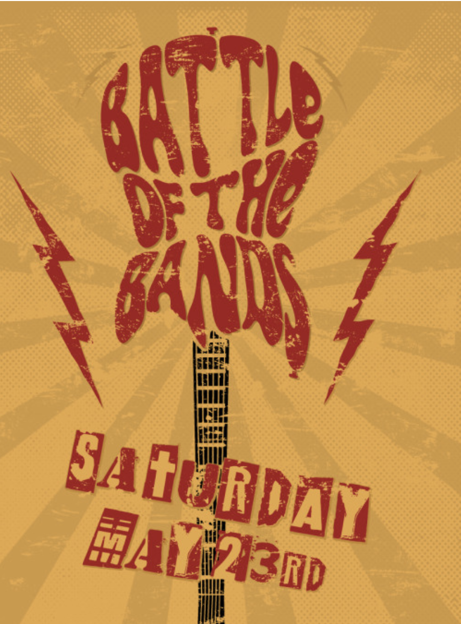 Poster for a battle of the bands event with a yellow background, red text, and lightning bolt graphics. It says 'Battle of the Bands,' 'Saturday,' 'May 23rd'.
