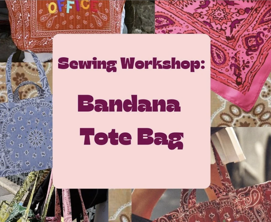 Various colorful bandana tote bags with floral and paisley patterns displayed outdoors, advertising a sewing workshop for making bandana tote bags.