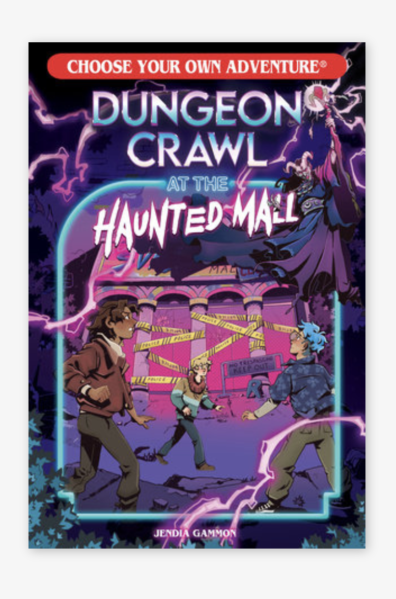 Book cover titled "Dungeon Crawl at the Haunted Mall" by Jendia Gammon, featuring three teenagers in front of a haunted mall surrounded by purple lightning, with a ghostly ghost and a witch-like figure above.
