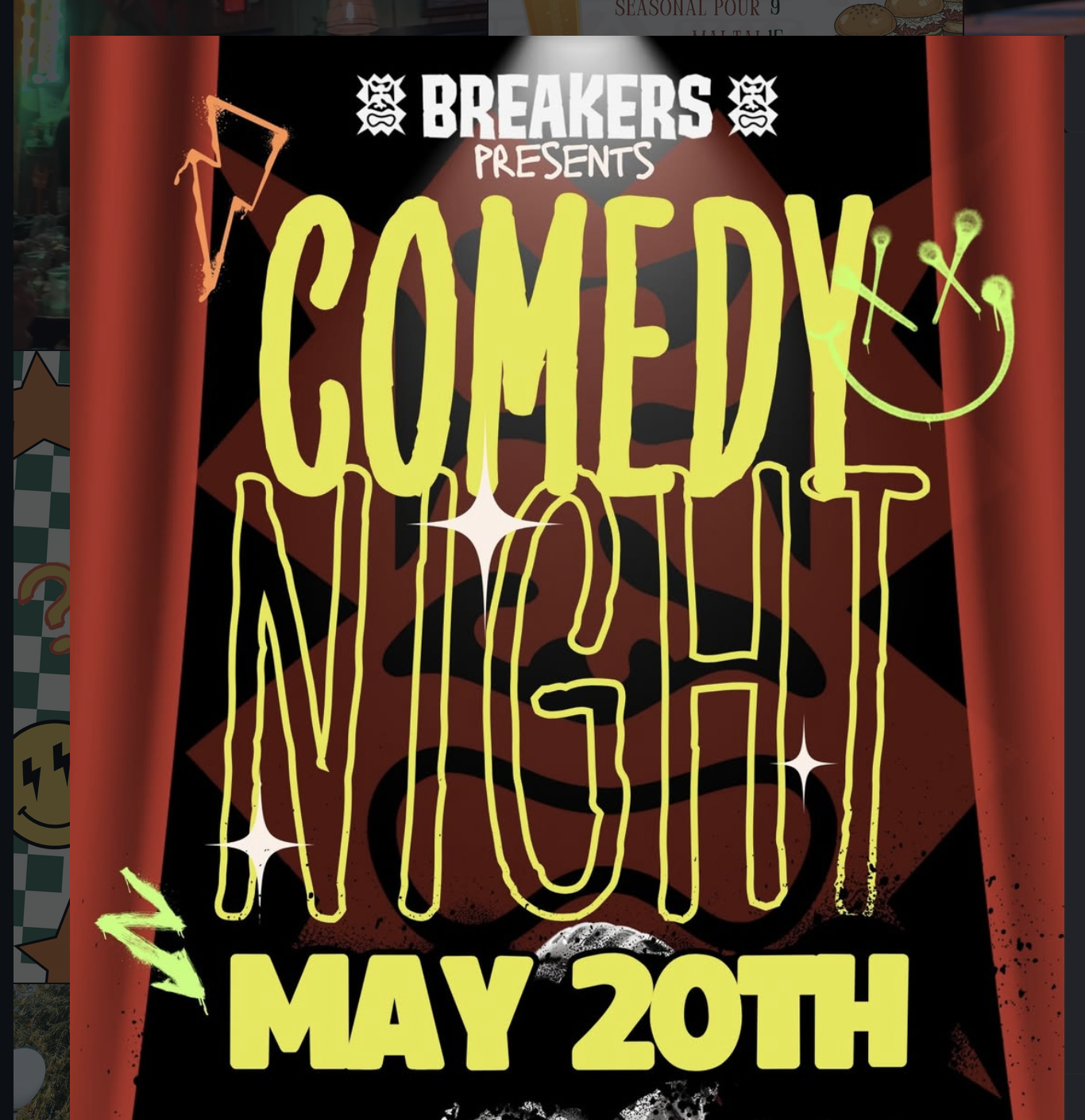 A promotional poster for a comedy event presented by Breakers, featuring the text 'Comedy Night' with stylized design elements, scheduled for May 20th.