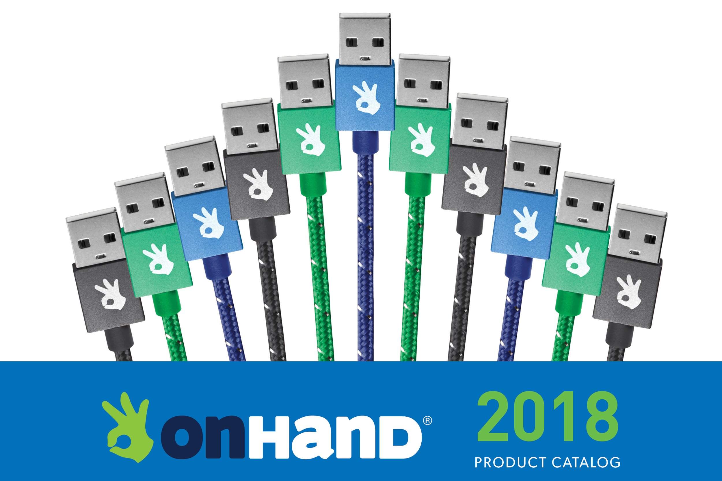 USB cables with different colored connectors displayed in a semi-circle above 'onHand 2018 Product Catalog' text.