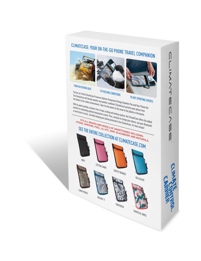 Packaging of ClimateCase phone travel companion, featuring images and descriptions of uses in various conditions. Displays different color options including Onyx, Cotton Candy, Safety Orange, Sea Glass, Camo Proud, Rockin' It, Shredded, and Tropical