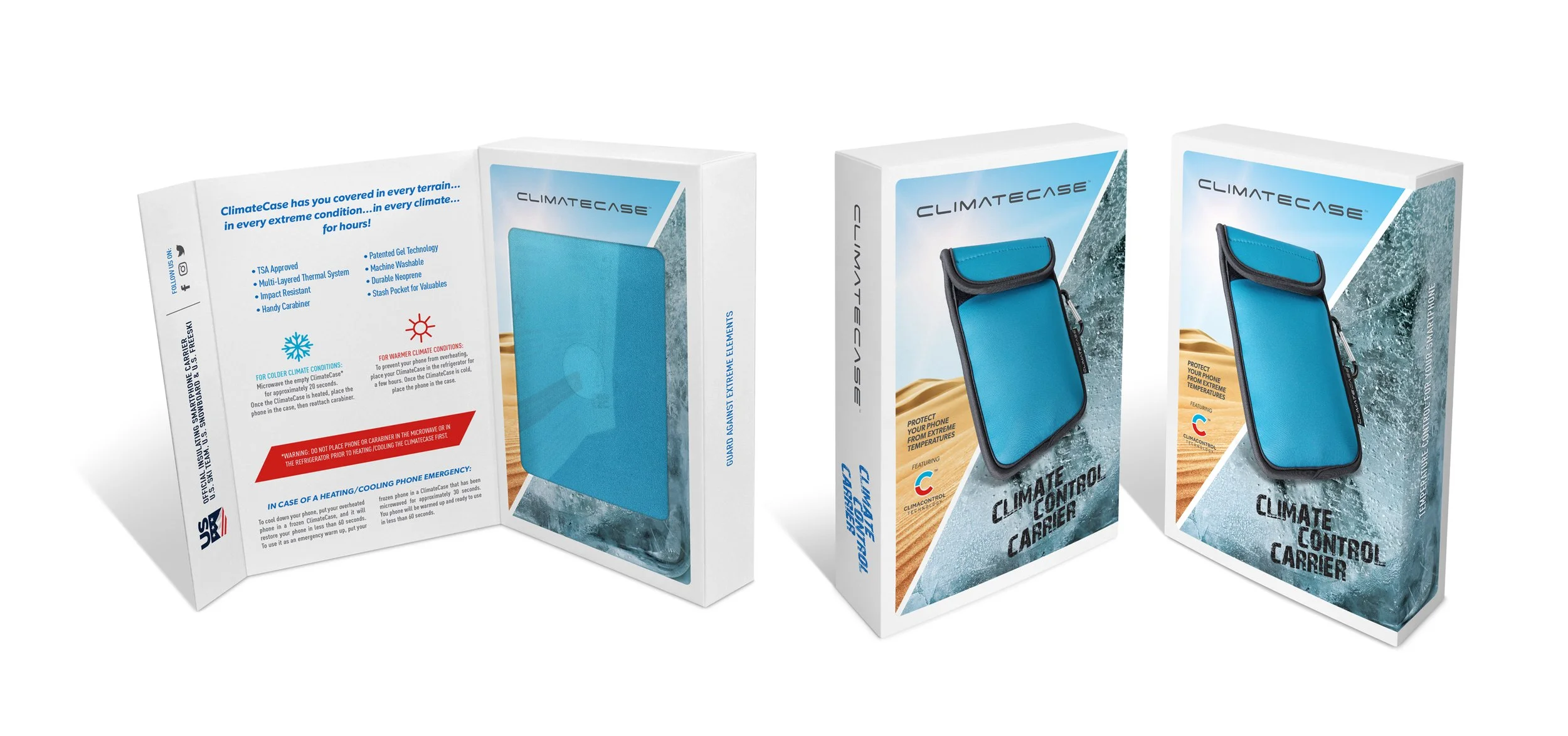 ClimateCase phone protection products with packaging featuring blue pouches for safeguarding against extreme temperatures.