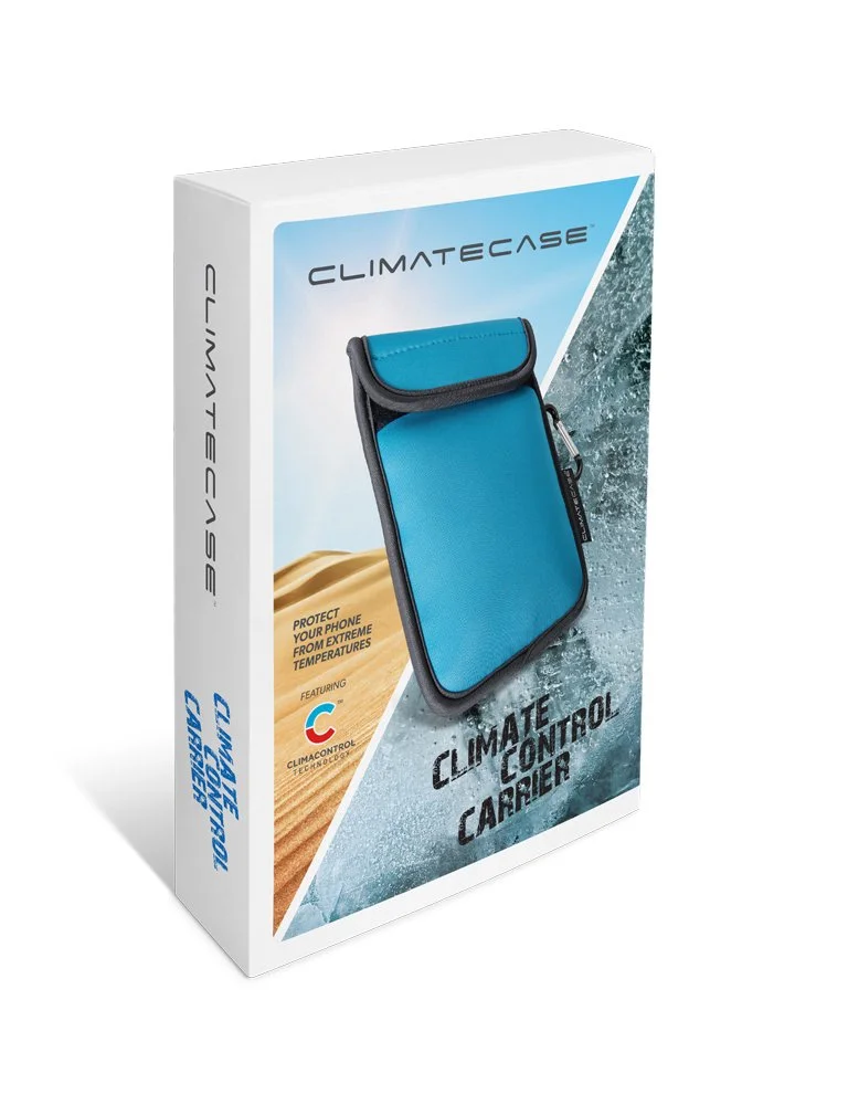 ClimateCase climate control carrier packaging, featuring a blue protective case for phones, designed for extreme temperature protection, with branding and product description.