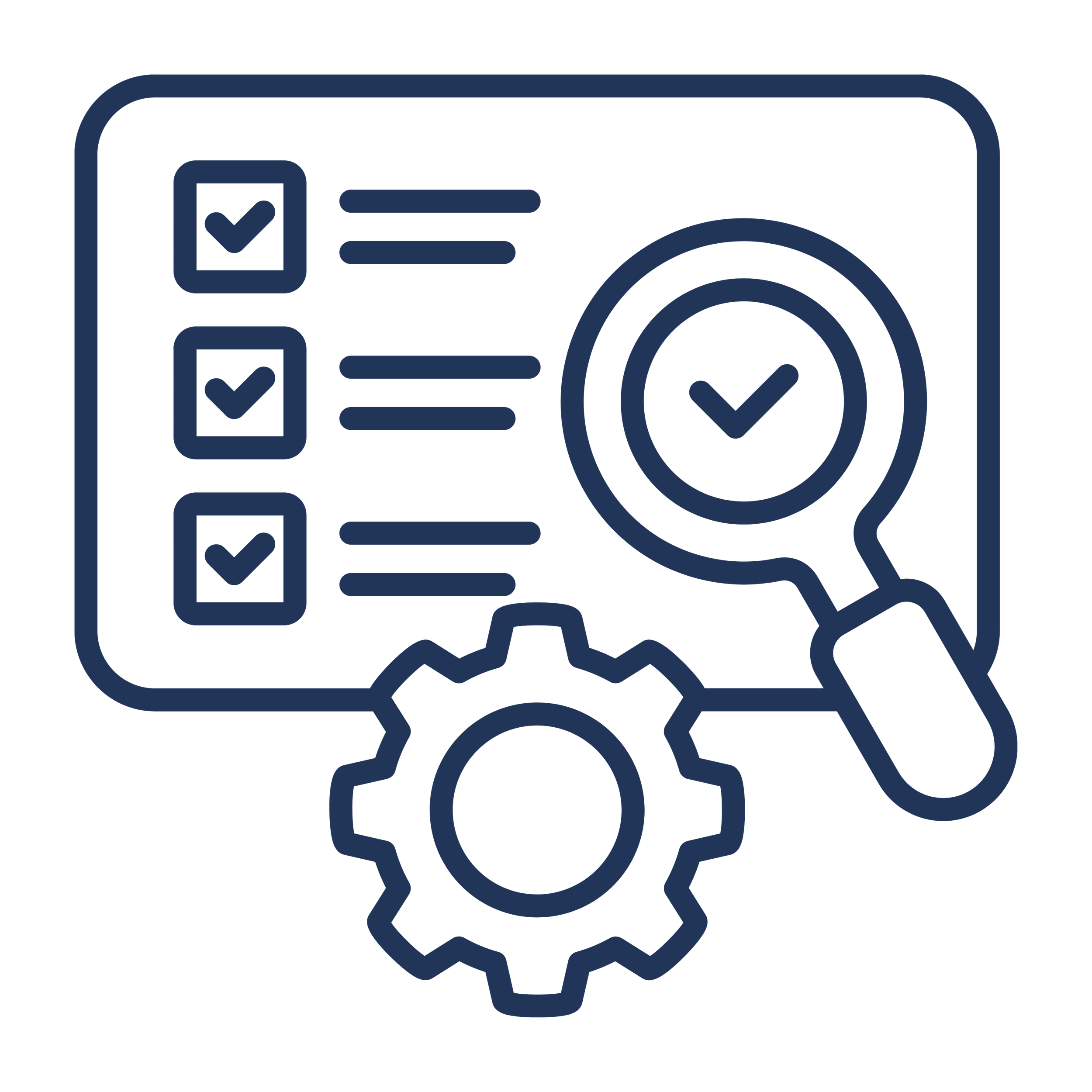Checklist, magnifying glass, and gear icon