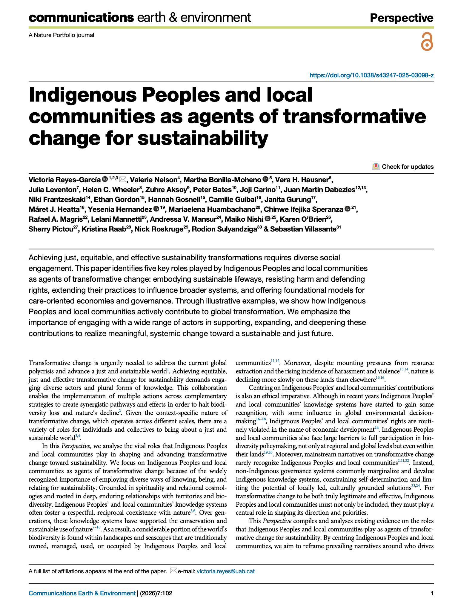 Indigenous Peoples and local communities as agents of transformative change for sustainability