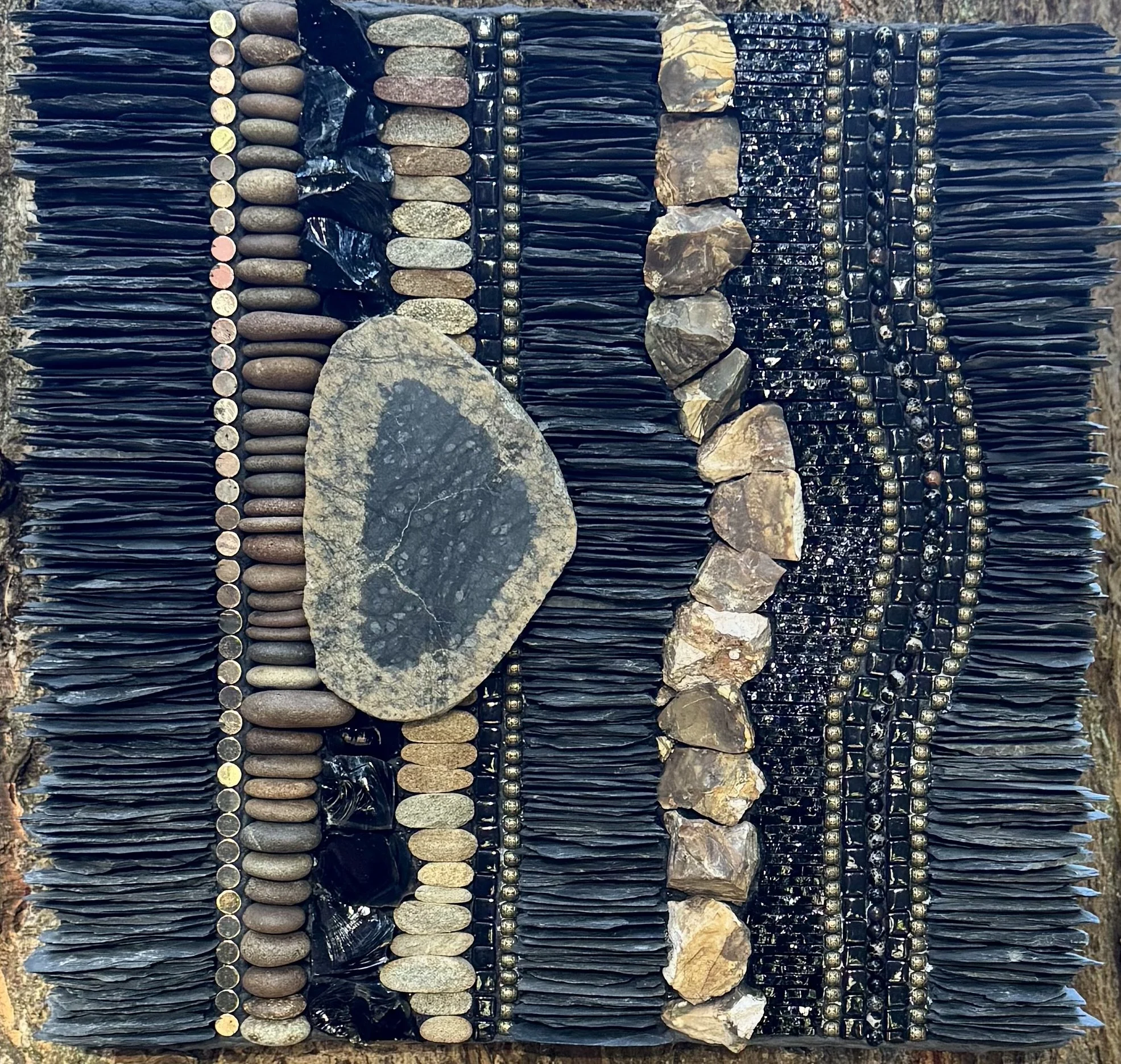 "Ophiolite" - Split and polished cobble of weathered peridotite, a rock found at the base of the ocean crust where it interfaces with the Earth's mantle. An ophiolite is a sequence of rock strata that comprises the layers of the ocean crust. Slate, b