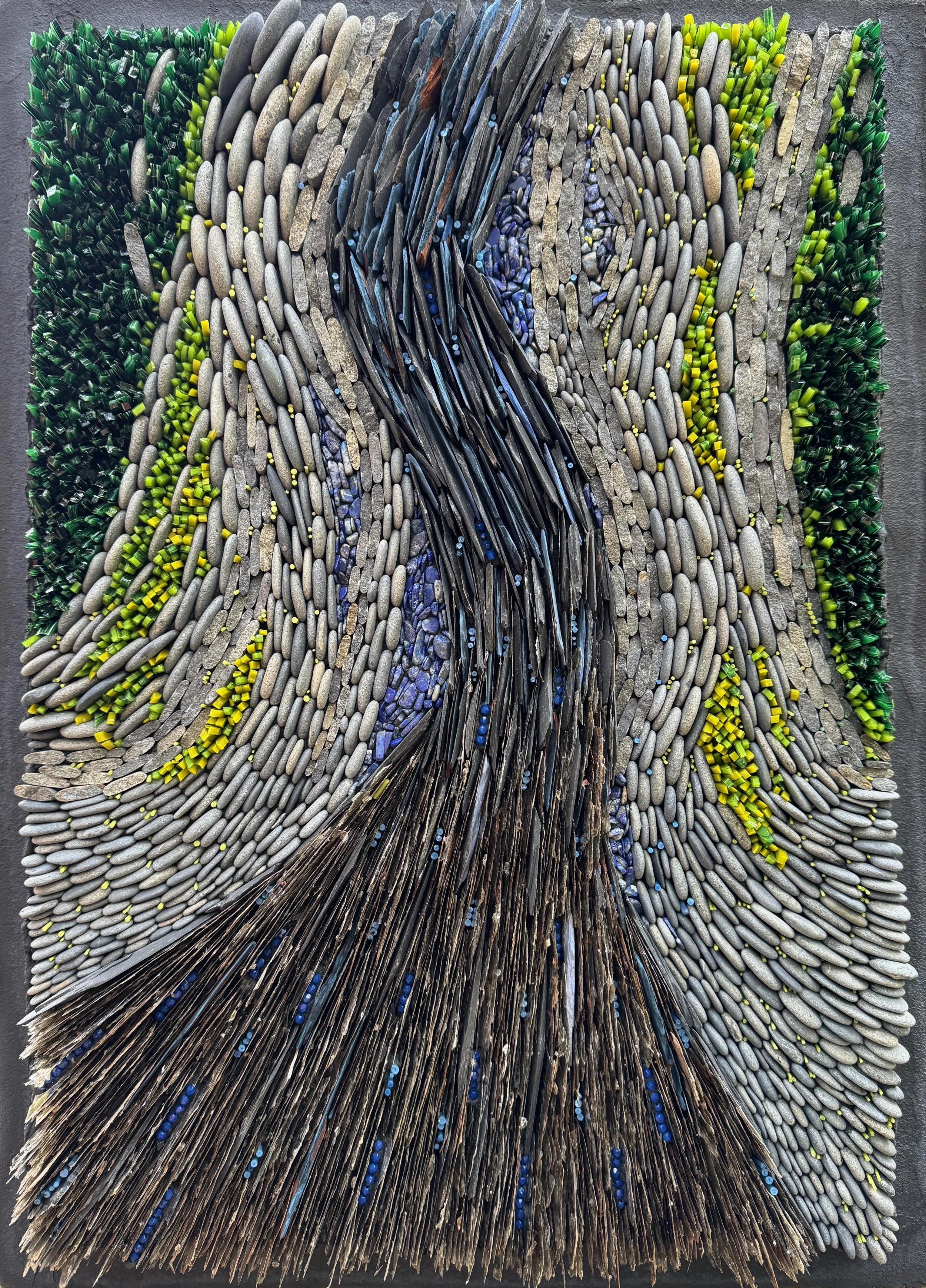 "Peaceful Flow" - Glazed and kiln fired slate, natural slate, mica, beach pebbles, stained glass, lapis lazuli chips, glass rods and beads on Wediboard in tinted thinset.. 18" x 14"  (Available)