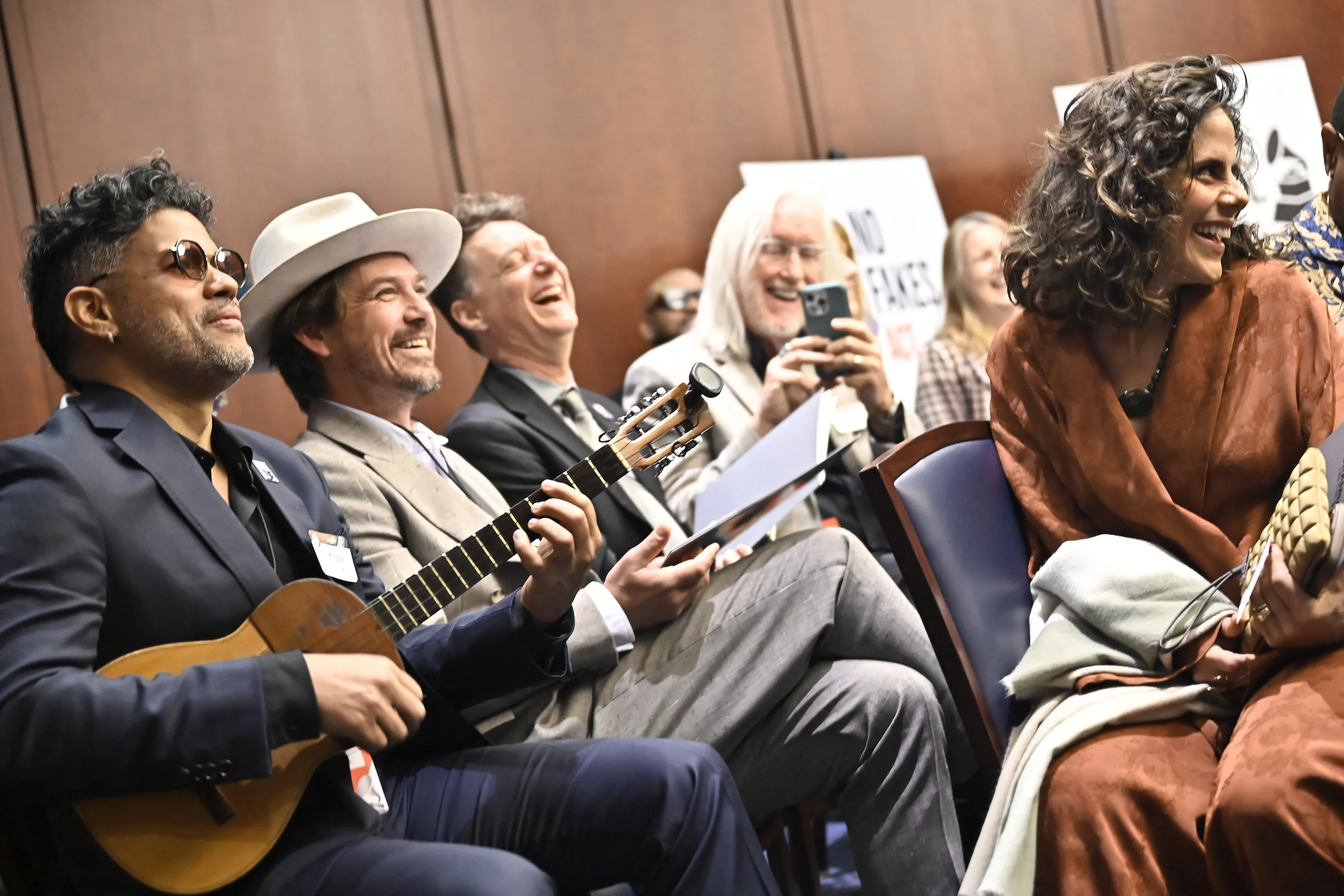 WASHINGTON, DC - APRIL 22: (L-R) Wizzmer, Taylor Hanson, Doug Emery, Ken Shepard and Alemor attend the GRAMMYS On The Hill® Advocacy Day Senate Roundtable on AI on April 22, 2026 in Washington, DC. (Photo by Shannon Finney/Getty Images for the Recor
