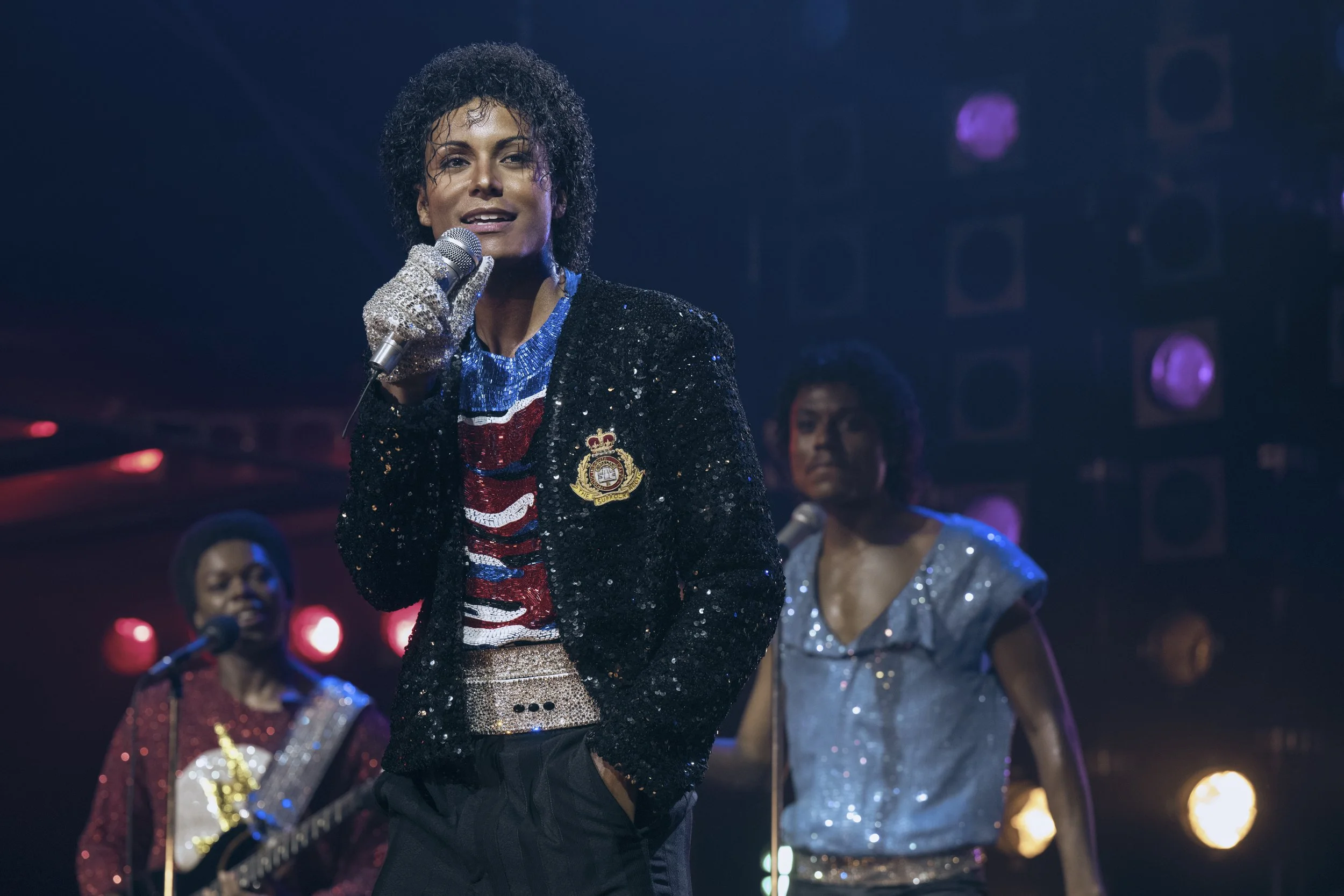  Rhyan Hill as Tito Jackson, Jaafar Jackson as Michael Jackson, and Tre’ Horton as Marlon Jackson in  Michael  • Photo Credit: Glen Wilson / Lionsgate 