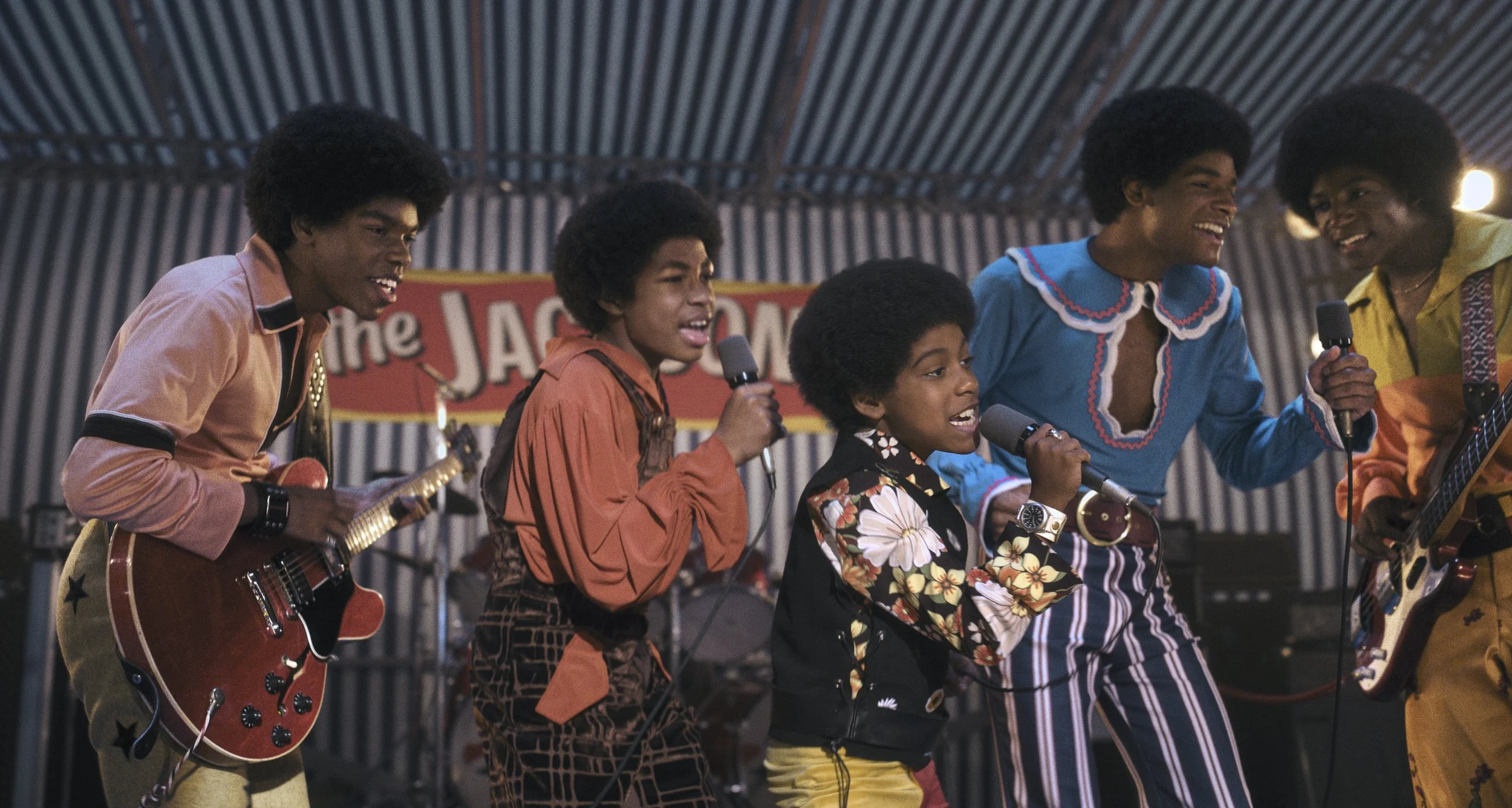  Judah Edwards as Young Tito, Jaylen Hunter as Young Marlon, Juliano Krue Valdi as Young MJ, Nathaniel McIntyre as Young Jackie, and Jayden Harville as Young Jermaine in  Michael  • Photo Credit: Lionsgate 