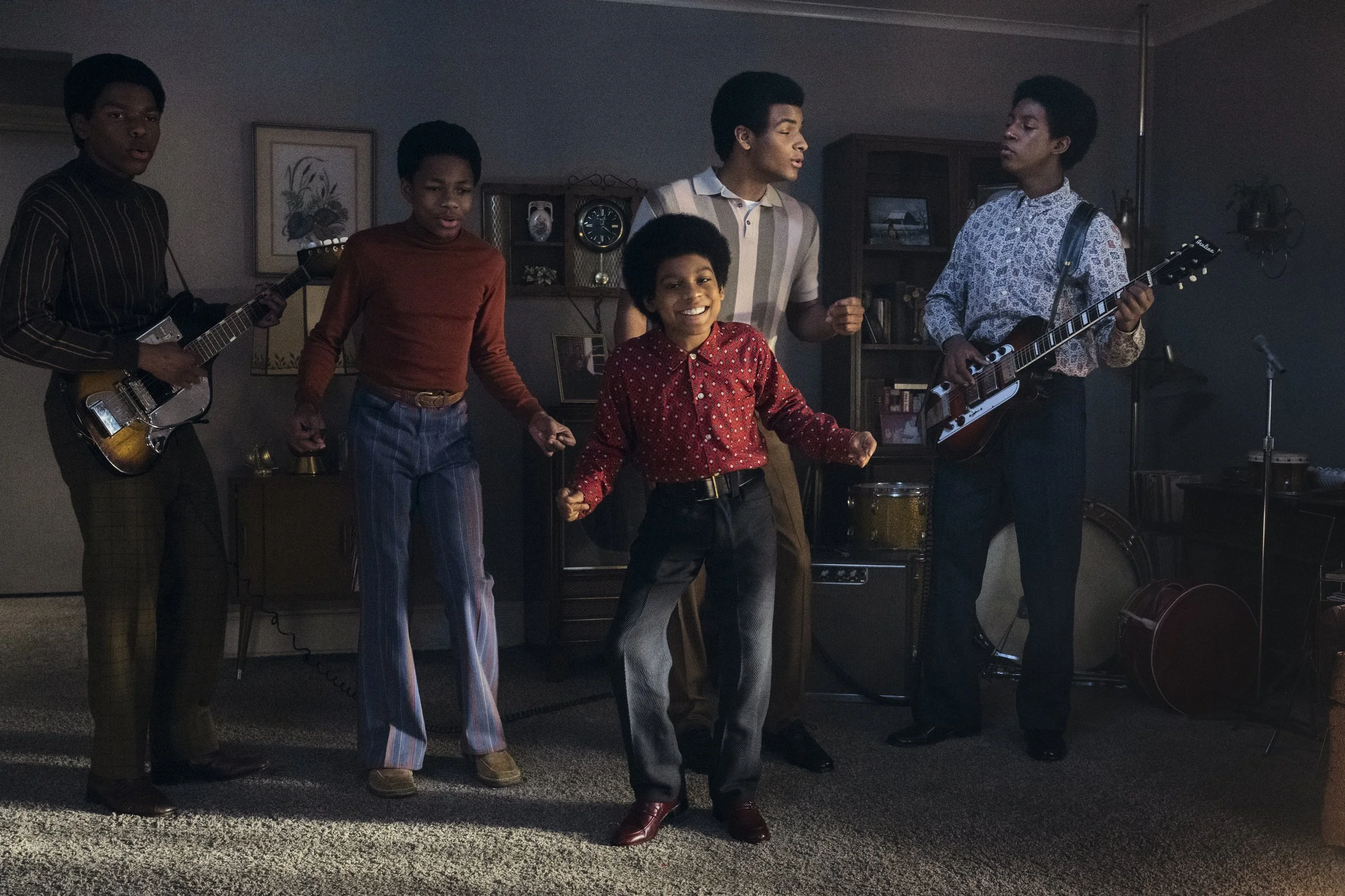  Judah Edwards as Young Tito, Jaylen Hunter as Young Marlon, Juliano Krue Valdi as Young MJ, Nathaniel McIntyre as Young Jackie, and Jayden Harville as Young Jermaine in  Michael  • Photo Credit: Glen Wilson / Lionsgate 