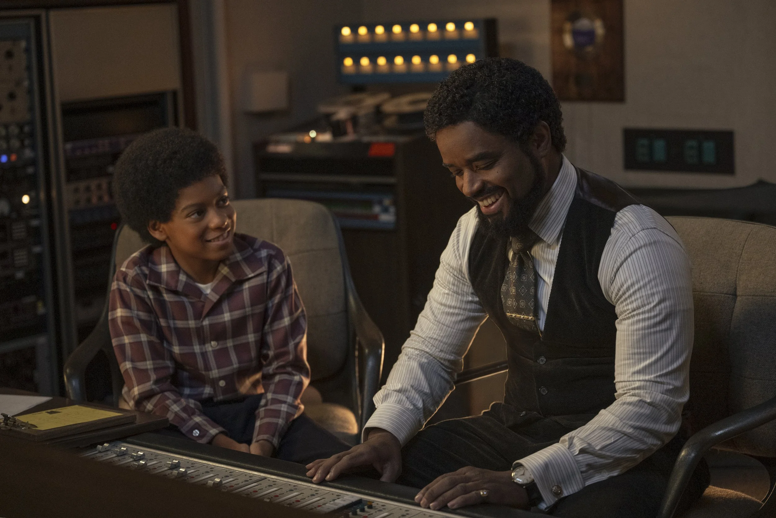  Juliano Krue Valdi as Young MJ and Larenz Tate as Berry Gordy in  Michael  • Photo Credit: Glen Wilson / Lionsgate 