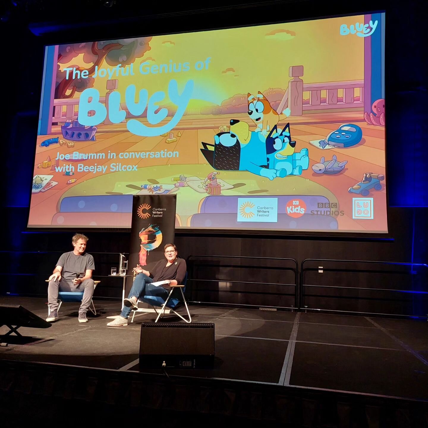 What a privilege. 

Today I was lucky enough to see Beejay Silcox (Artistic Director of Canberra Writers Festival) in conversation with Joe Brumm (the one and only writer of Bluey). 

Just like an episode of Bluey, I was mesmerised.

It's funny when 