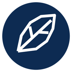 A geometric line drawing of a crystal or gemstone inside a dark blue circle.