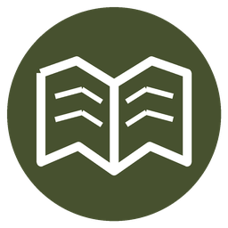 Icon of an open book with lines representing text, on a dark green circular background.