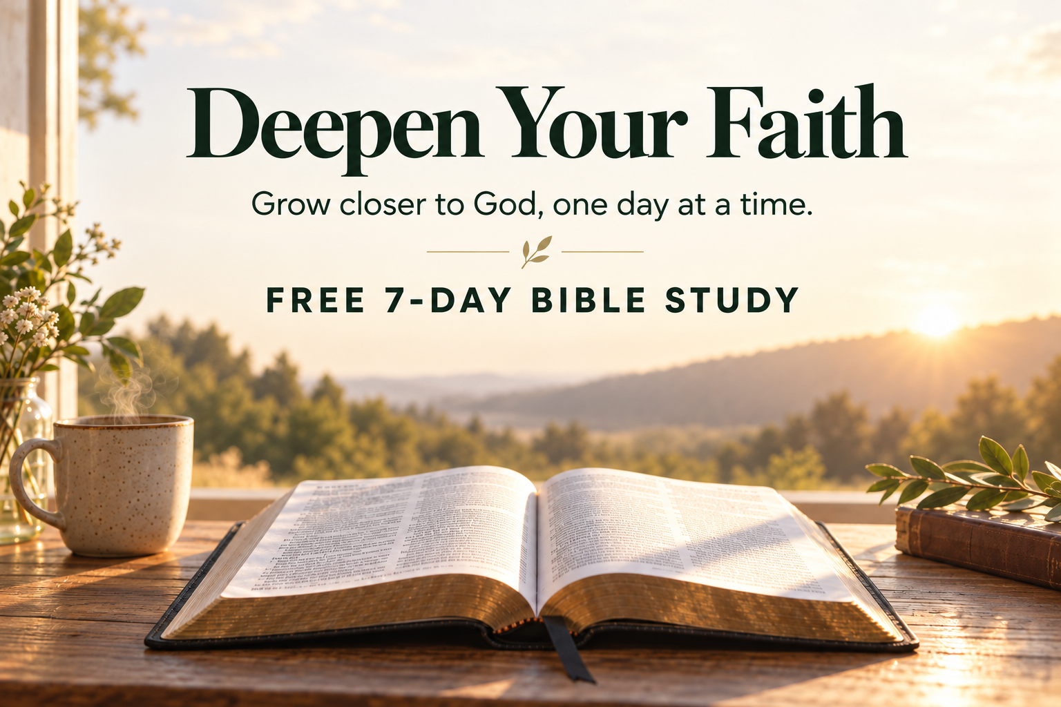 Open Bible on a wooden table with a steaming coffee mug, flowers, and greenery, overlooking a sunset landscape with hills.