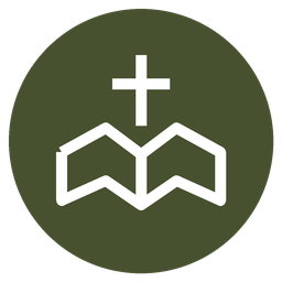 A white cross above a stylized open book on a dark green circular background.