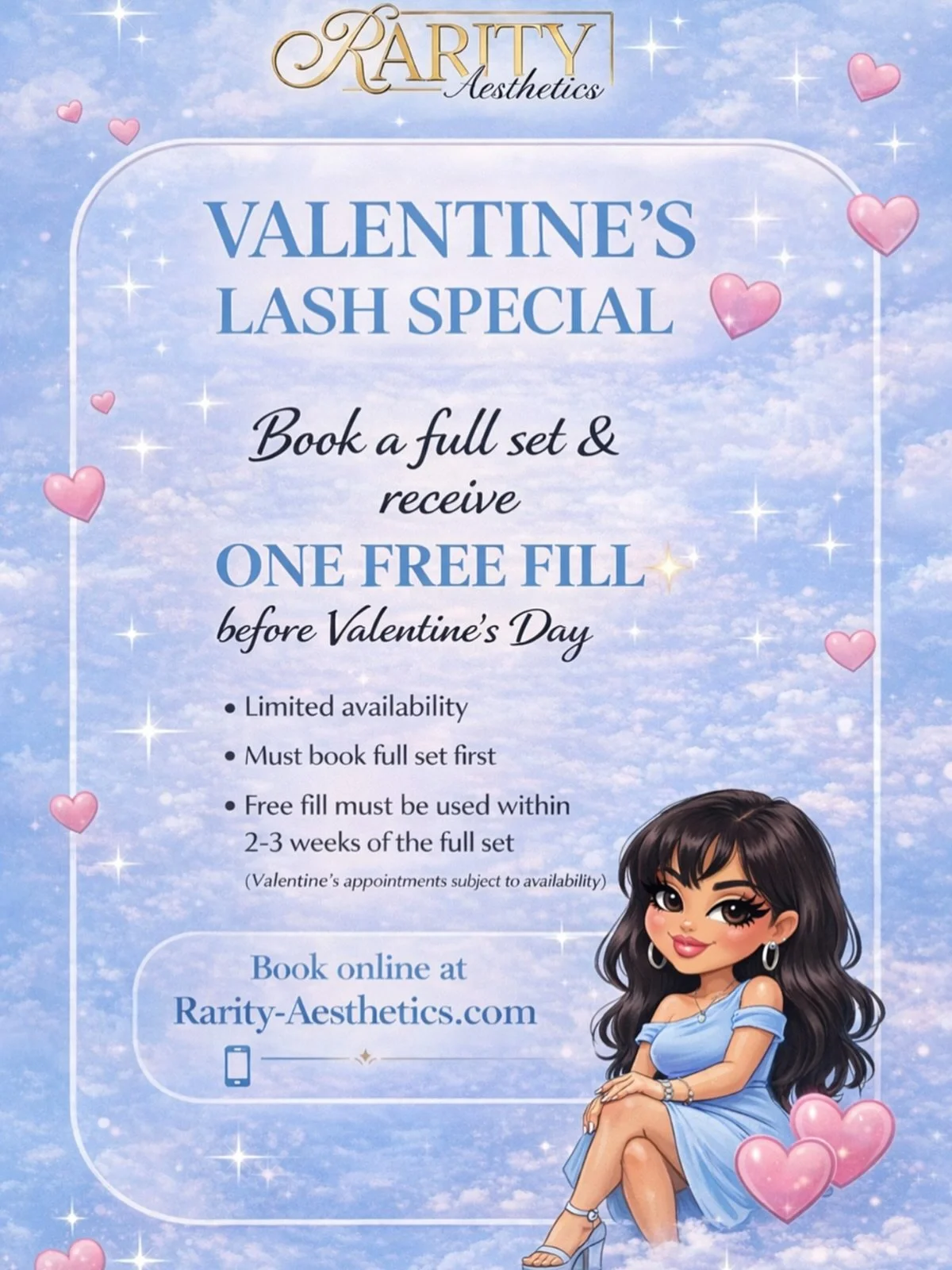 Valentine&rsquo;s lashes just got sweeter 💗✨
Book a full set &amp; receive ONE FREE FILL 
because one appointment simply isn&rsquo;t enough 😉

Soft glam, custom sets, and lashes that last 😮&zwj;💨
This special is limited and books you twice, so av