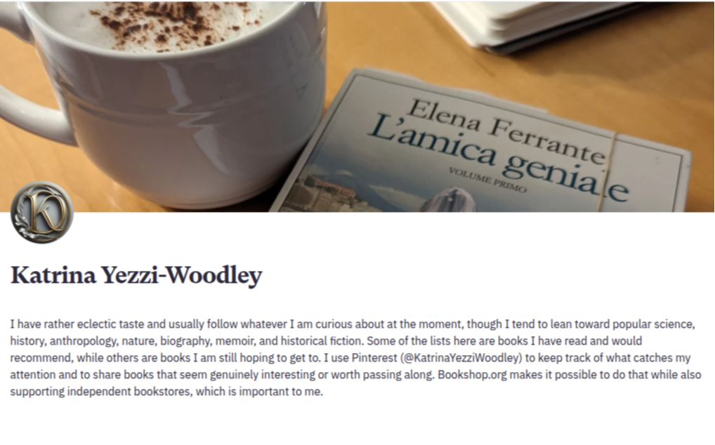 Landing page for Katrina's Bookstore.org link. Features a banner with a cappuccino and a book.
