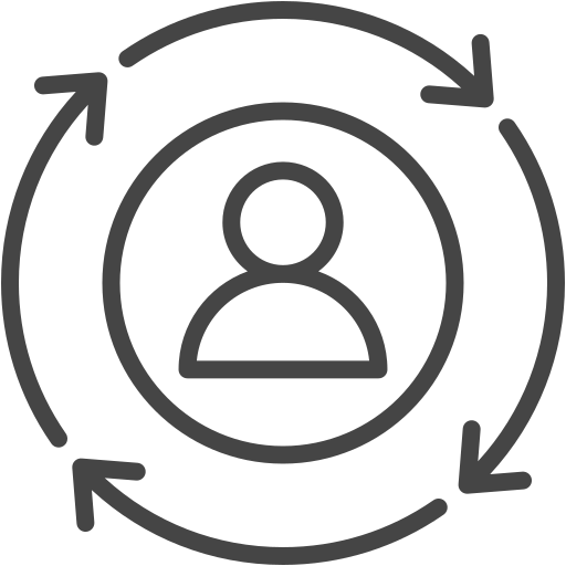 Icon depicting a person surrounded by circular arrows, symbolizing continuous update or feedback.