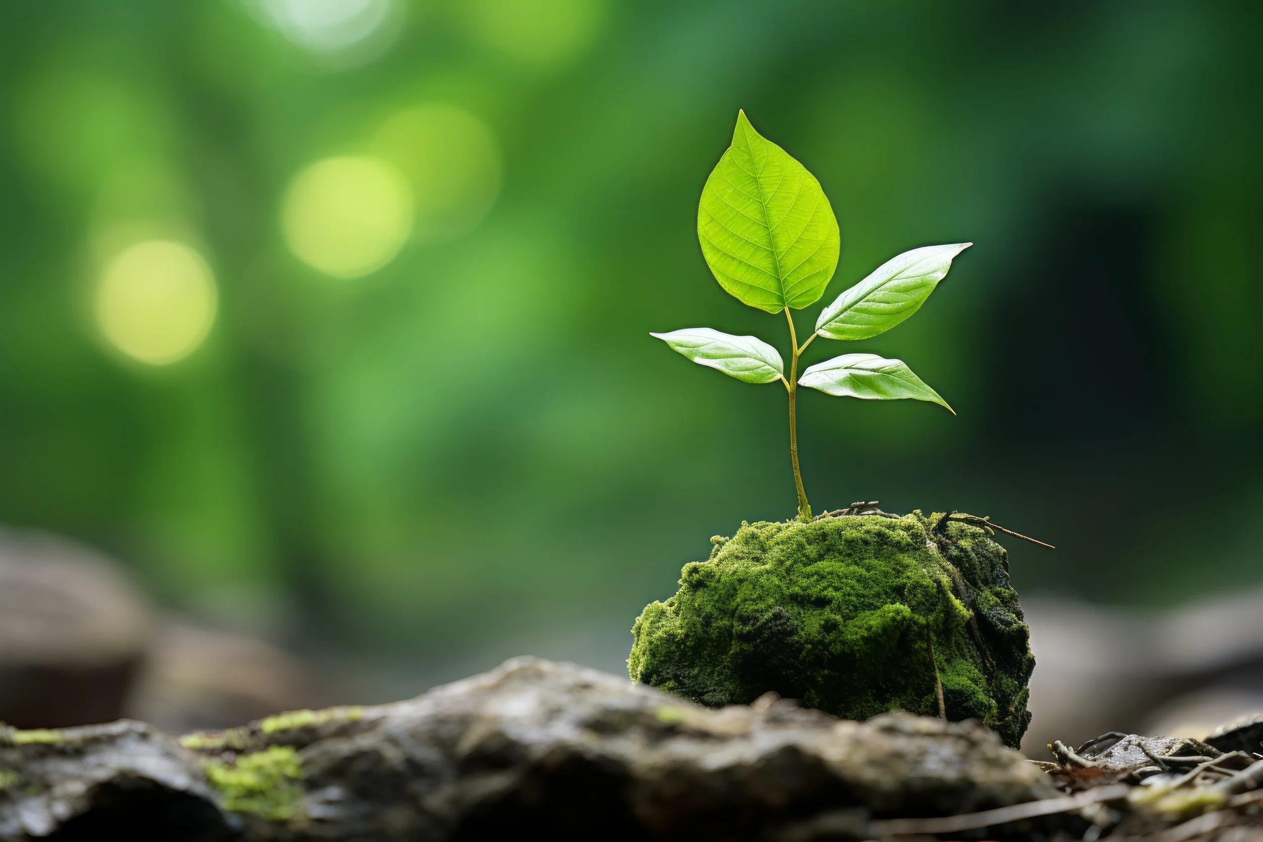 A small green seedling with three leaves growing from a moss-covered rock in a natural setting.