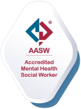 Badge with the AASW logo, stating 'Accredited Mental Health Social Worker'.
