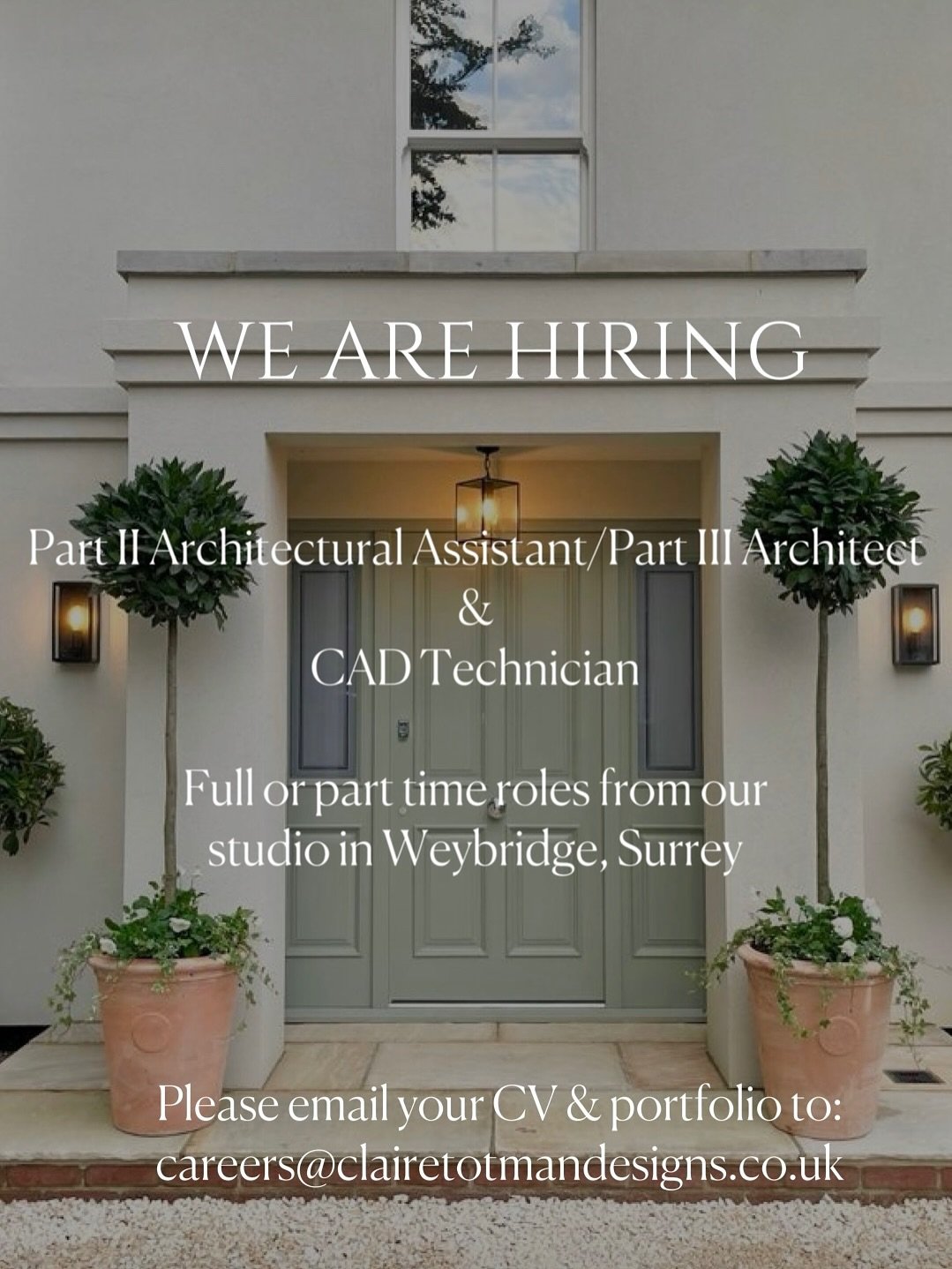 We are hiring a Part II Architectural Assistant / Part III Architect and a CAD Technician.

The role is full time or part time from our office in Weybridge, Surrey📍 

Please email us at - careers@clairetotmandesigns.co.uk 📧
&bull;
#surrey #claireto