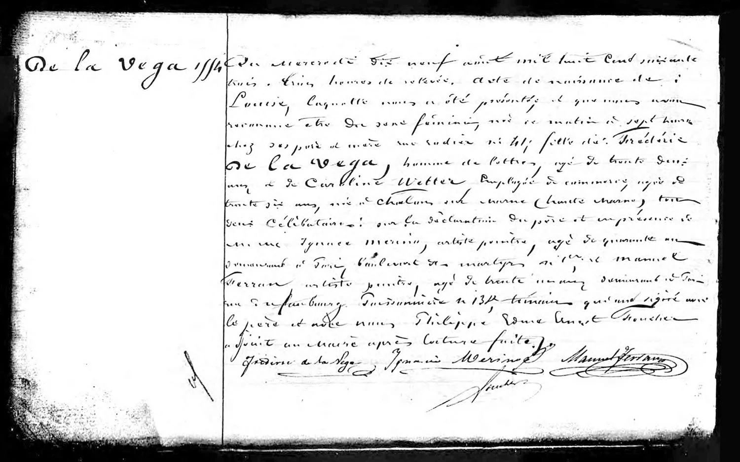 Acta de nacimiento de Luisa de la Vega, encontrada en la web Geneanet.