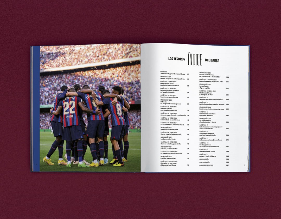 Diseño editorial de libro Los Tesoros del Barça de Francesc Aguilar. Diseño de portada, diseño gráfico y maquetación realizado por LaRulotte Estudio de diseño gráfico para Planeta y Barça Books