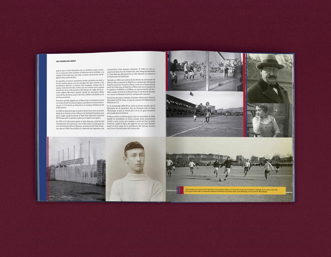 Diseño editorial de libro Los Tesoros del Barça de Francesc Aguilar. Diseño de portada, diseño gráfico y maquetación realizado por LaRulotte Estudio de diseño gráfico para Planeta y Barça Books