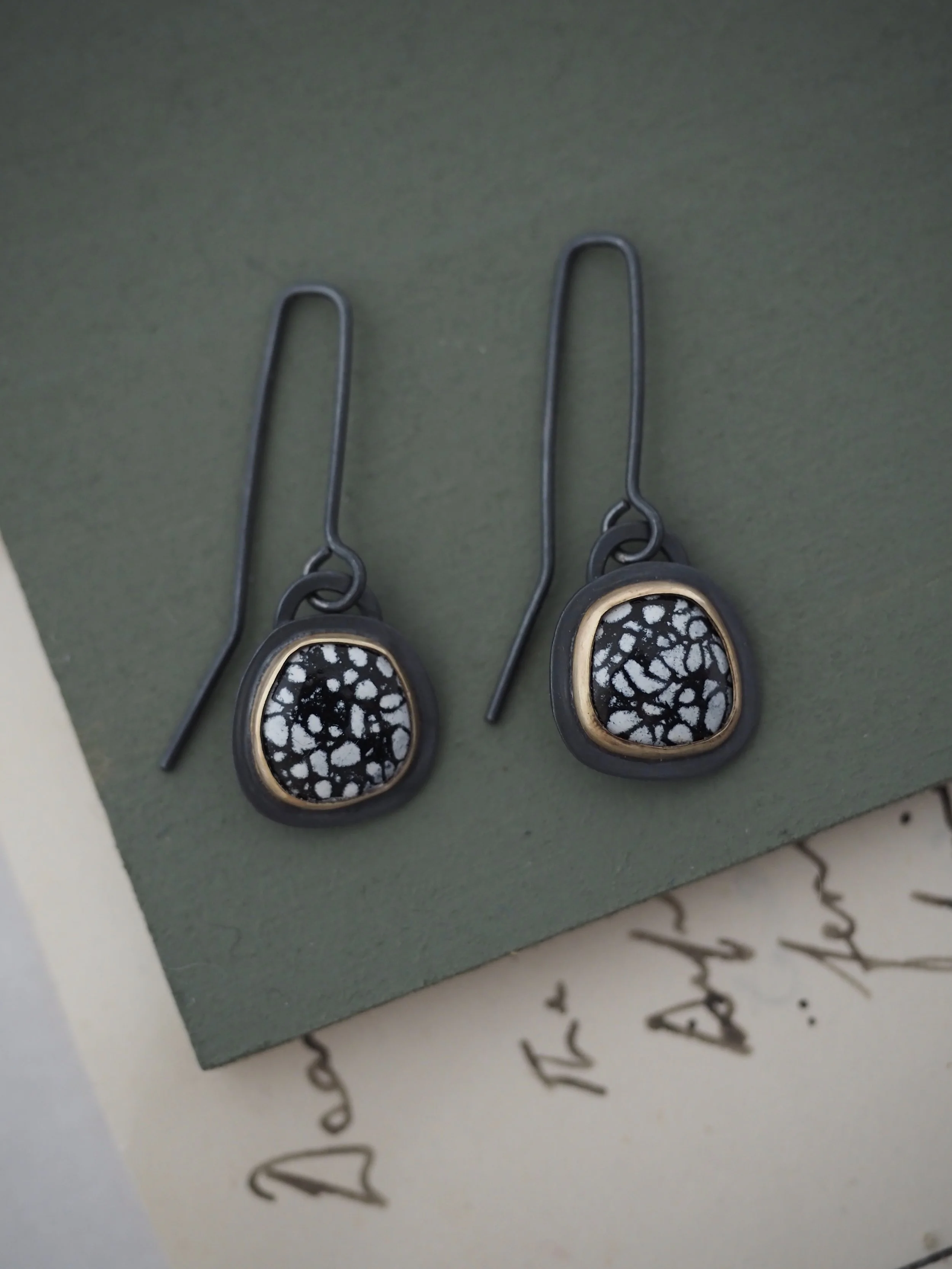 Oxidised silver and 9ct gold drop earrings