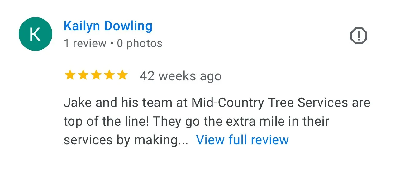 Positive review mentioning prompt and reliable tree service near Jefferson City, Missouri.